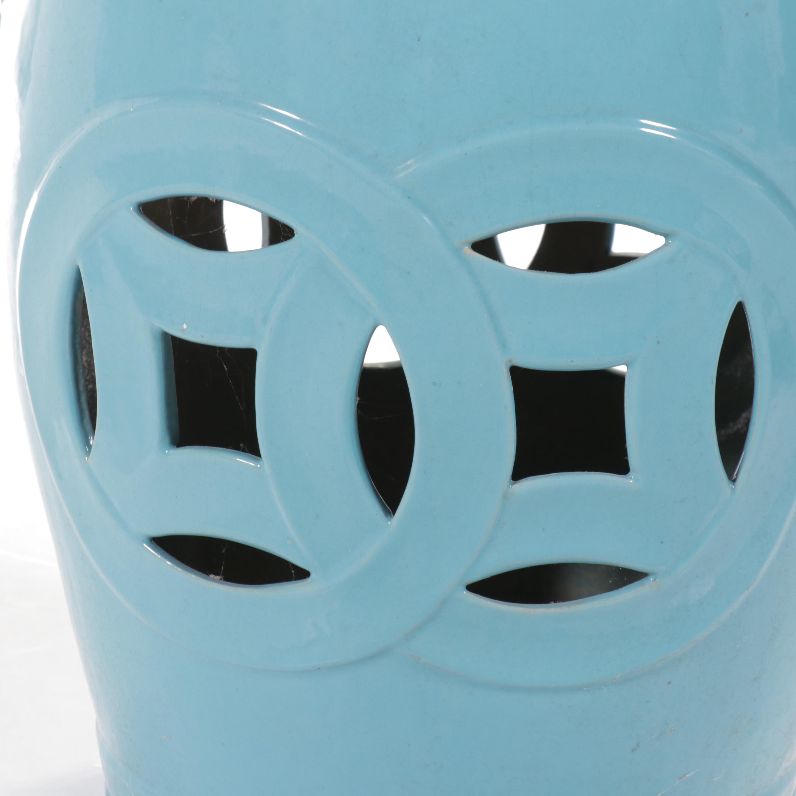 Chinese Turquoise Ceramic Stool and Bamboo Style Metal Candle Pillar Cage