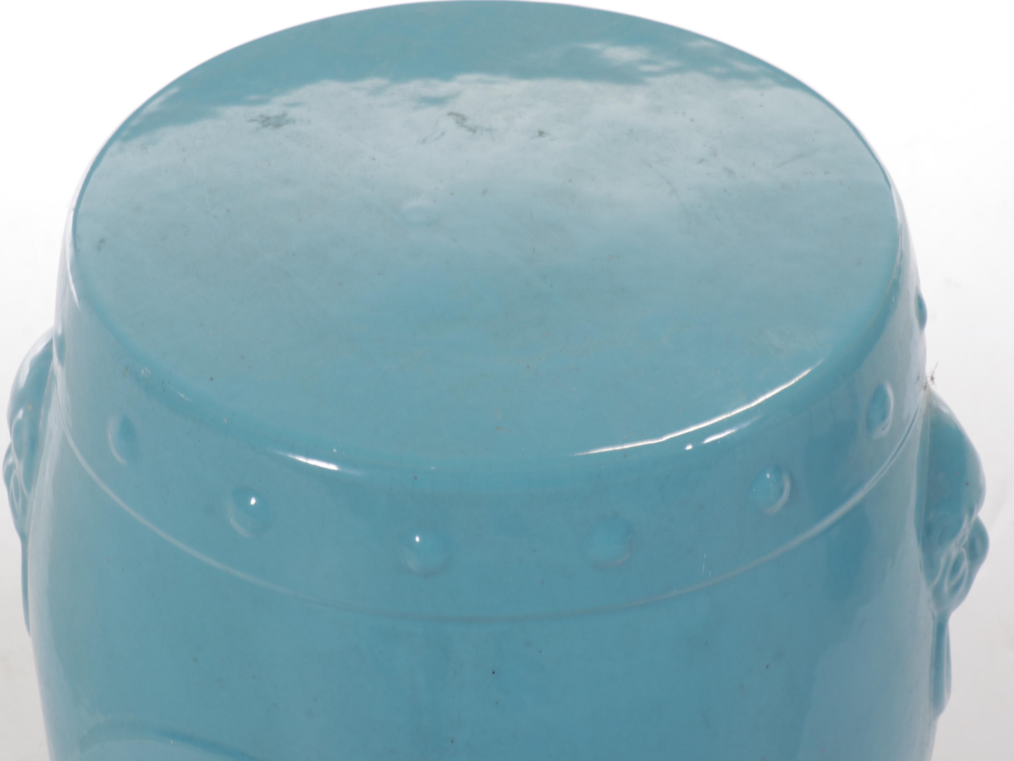 Chinese Turquoise Ceramic Stool and Bamboo Style Metal Candle Pillar Cage