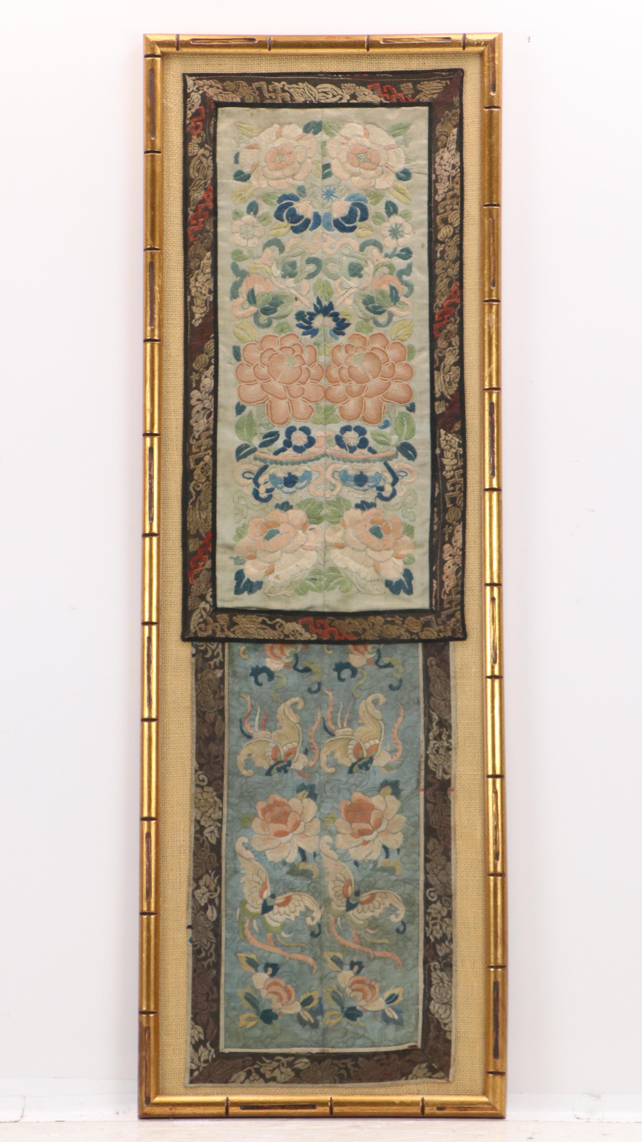 Chinese School Textile Embroidery Panels with Floral Motifs