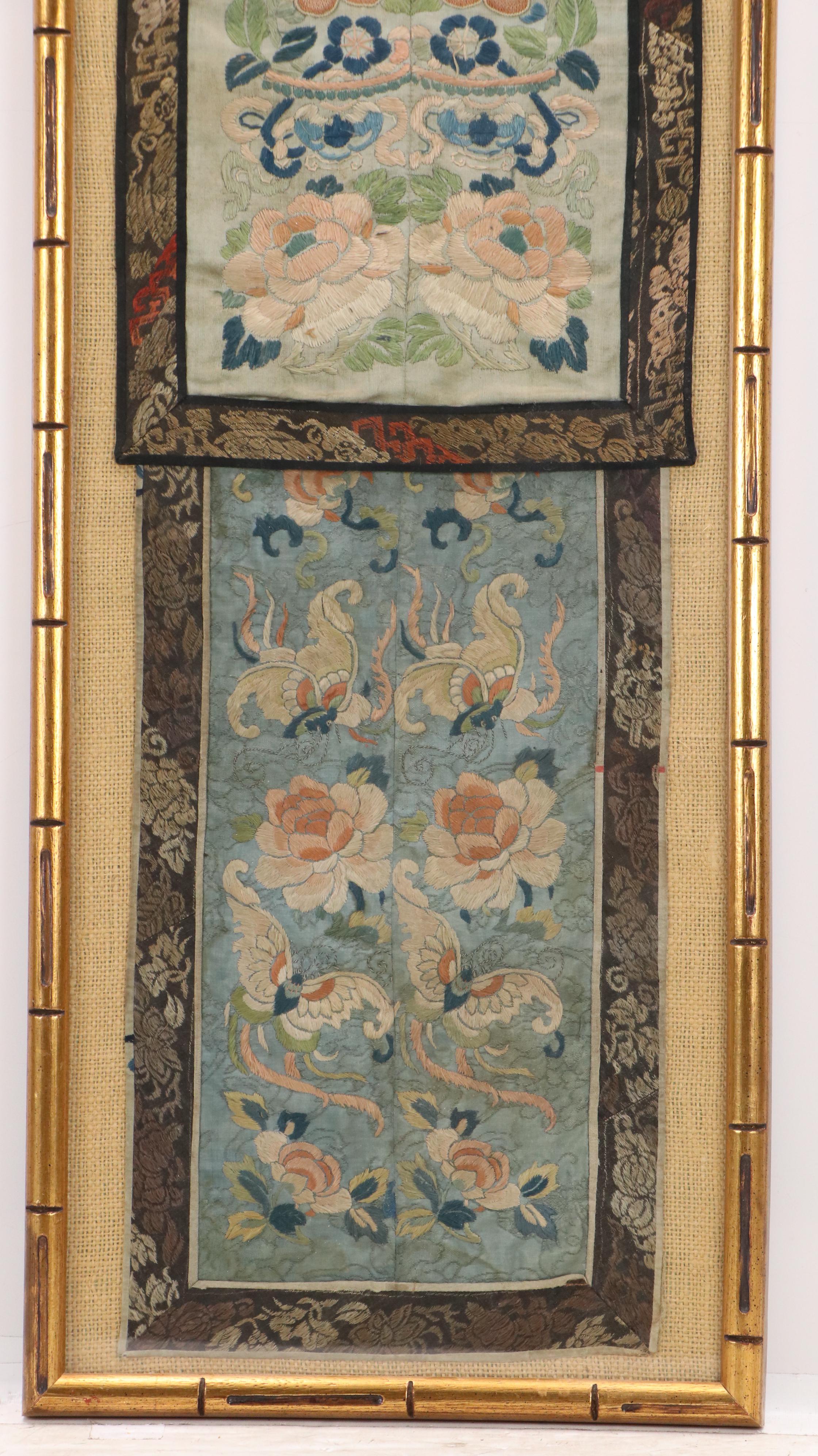 Chinese School Textile Embroidery Panels with Floral Motifs