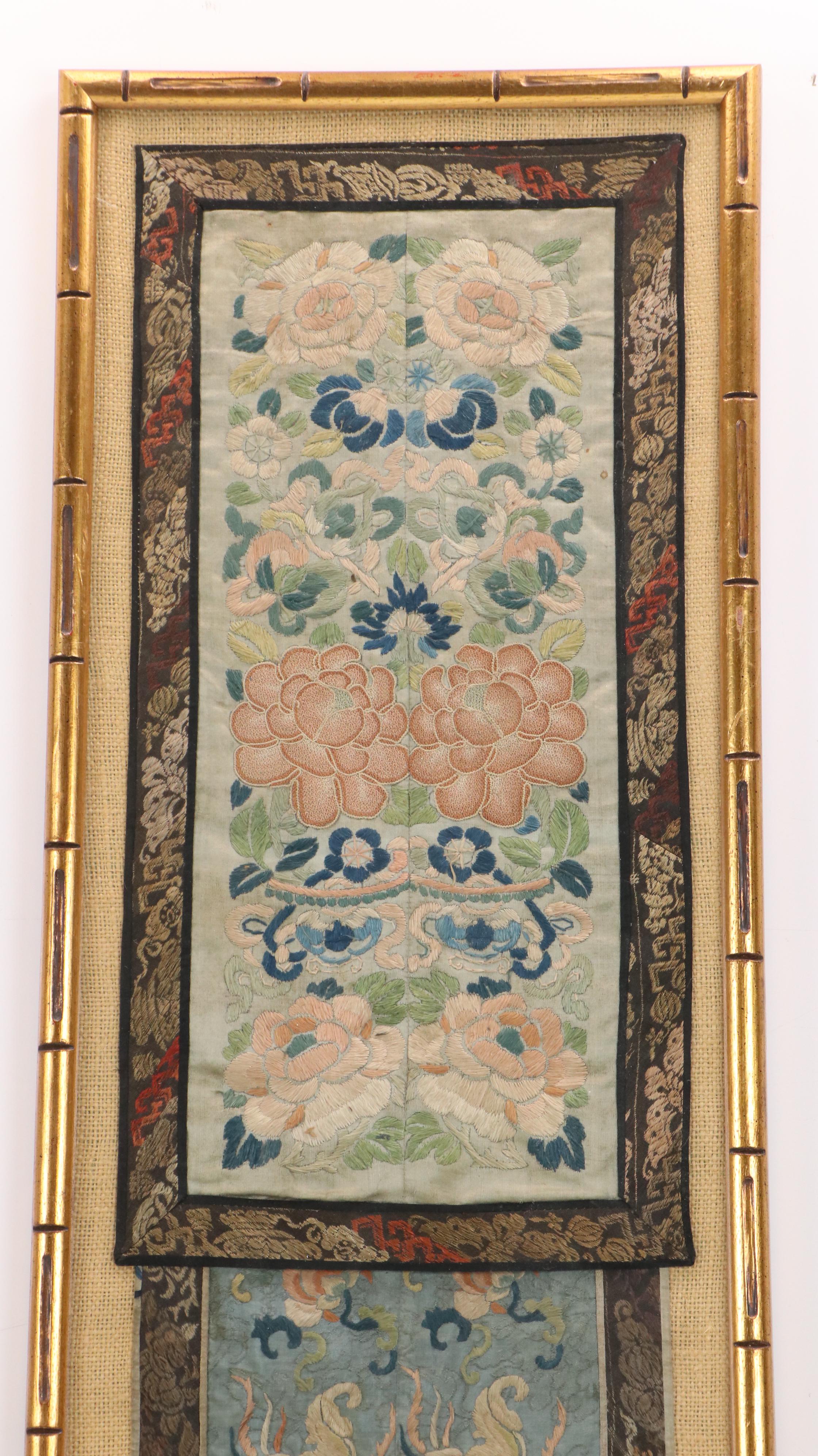 Chinese School Textile Embroidery Panels with Floral Motifs