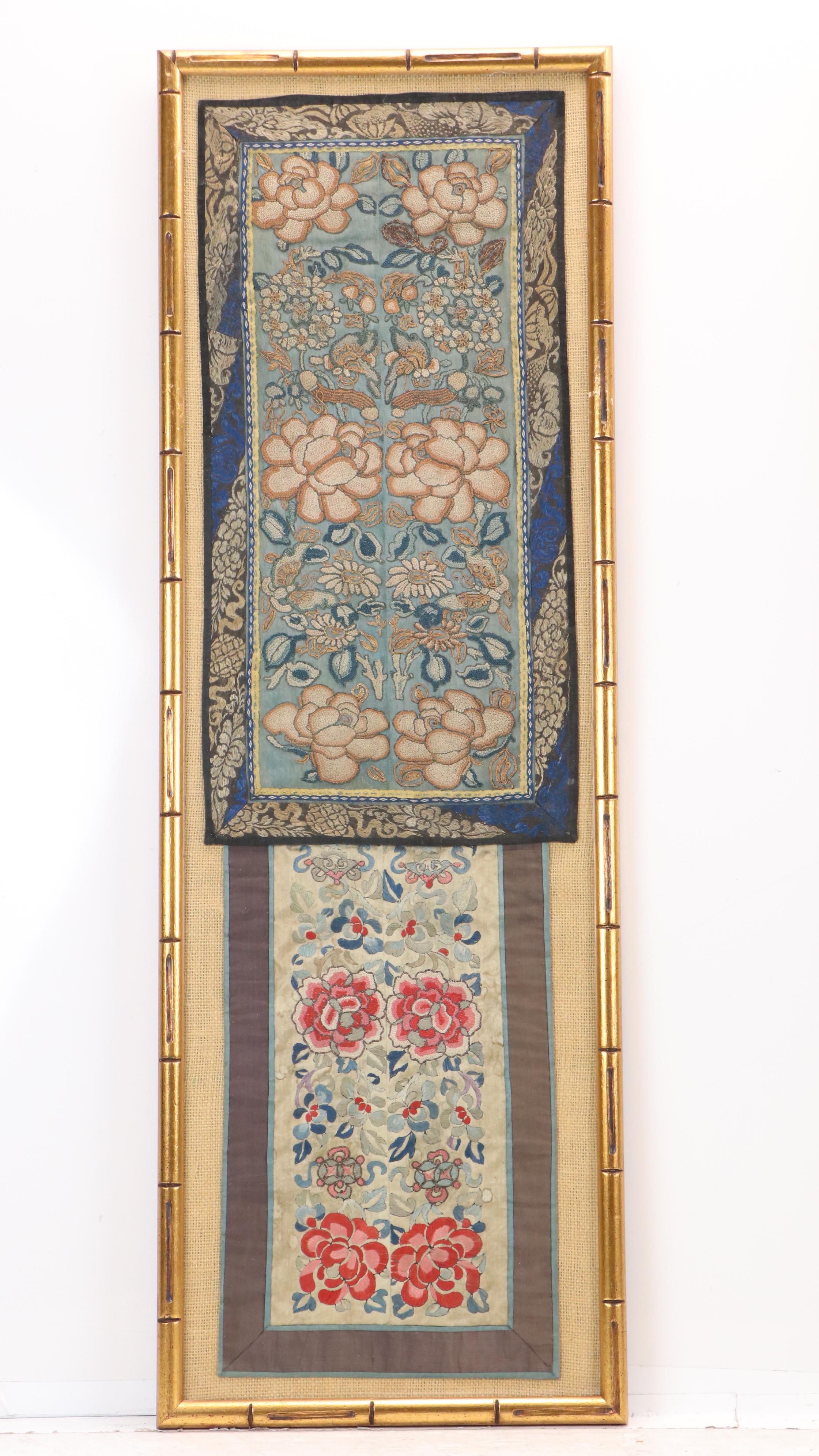 Chinese School Textile Embroidery Panels with Floral Motifs