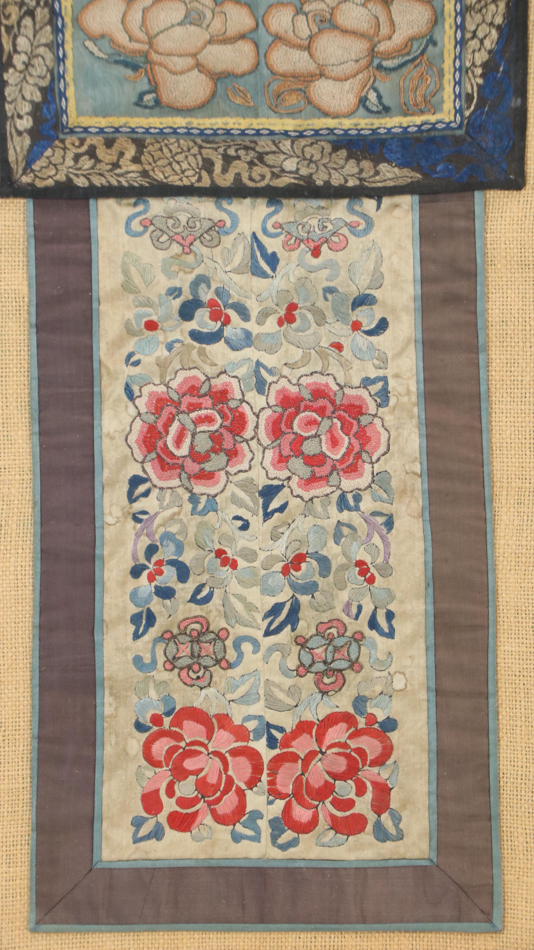 Chinese School Textile Embroidery Panels with Floral Motifs