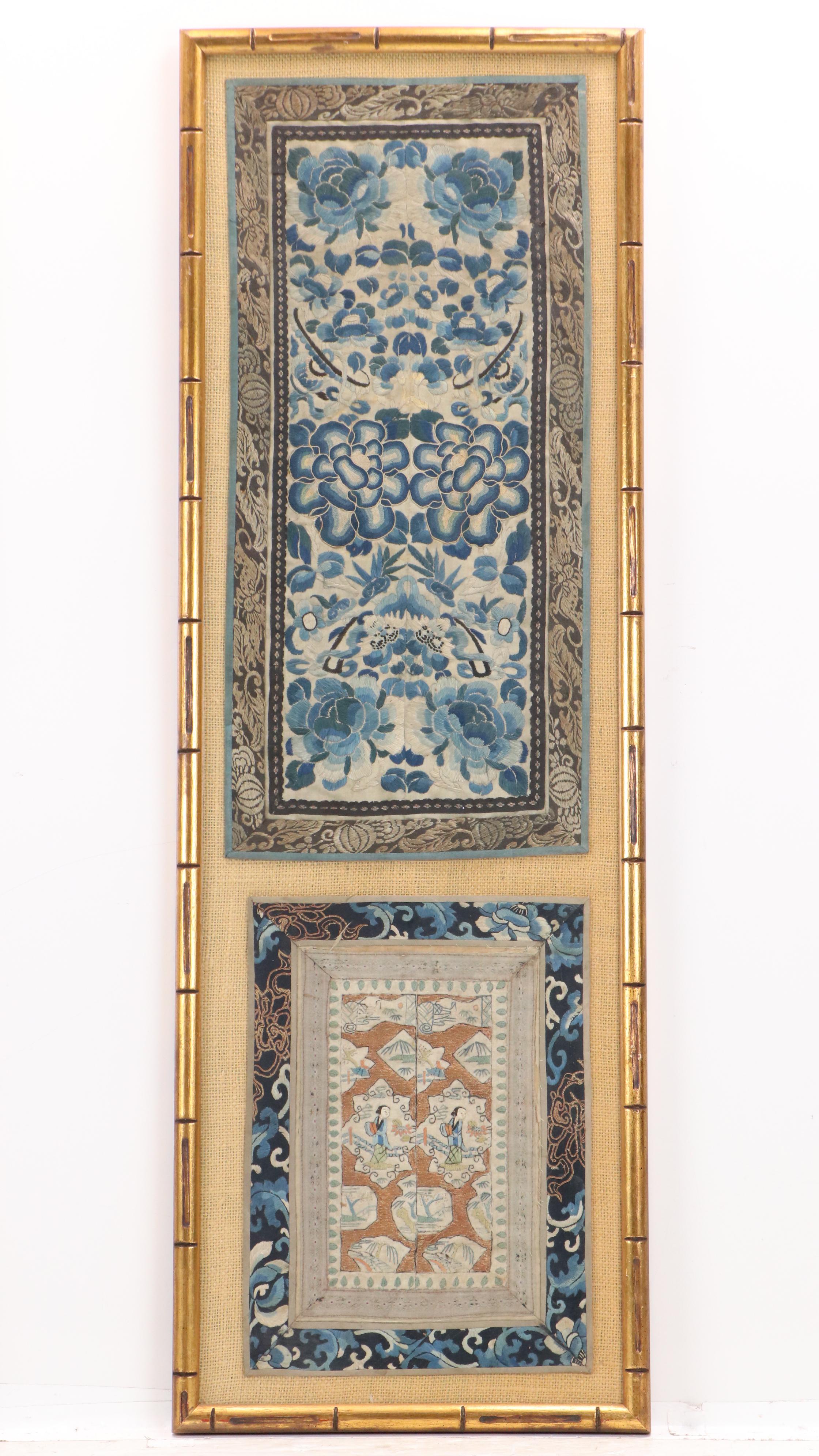 Chinese School Textile Embroidery Panels with Floral Motifs