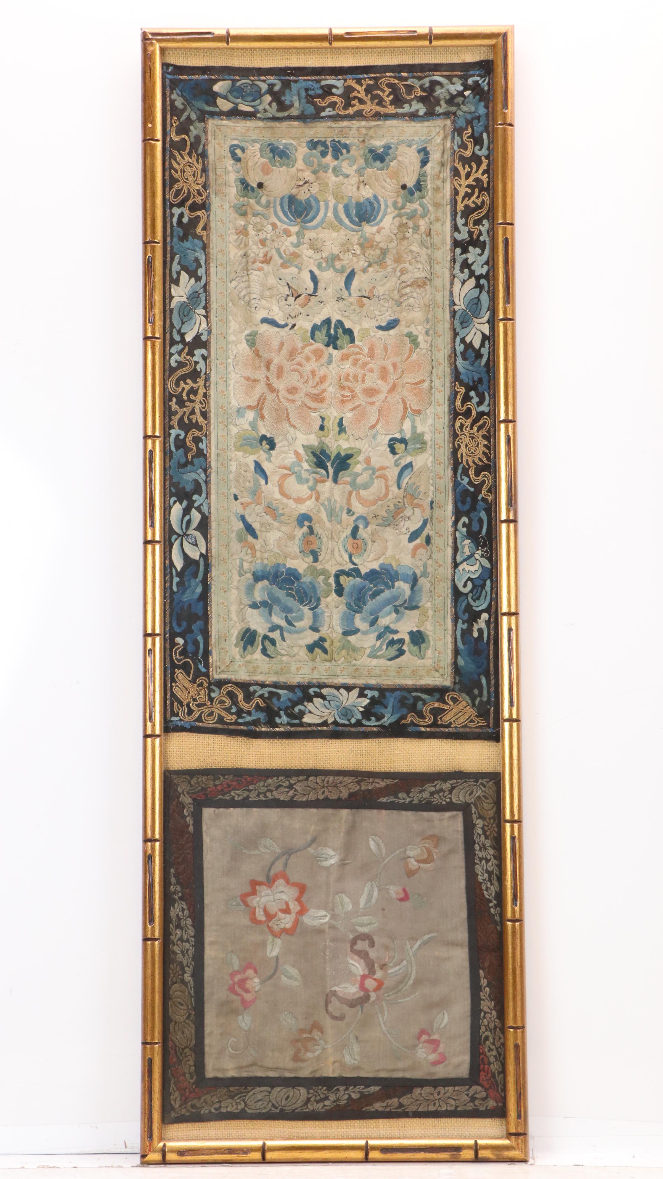 Chinese School Textile Embroidery Panels with Floral Motifs