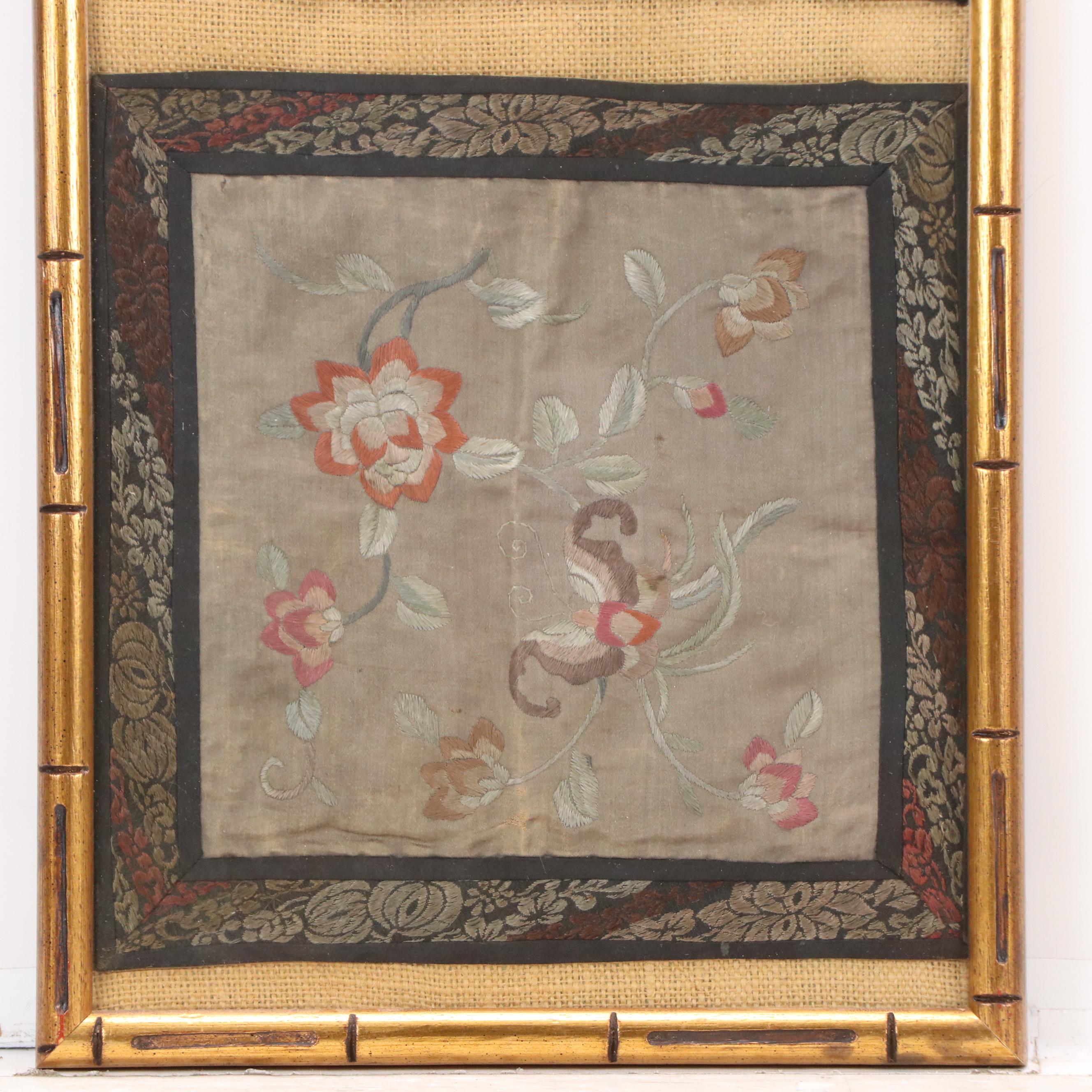 Chinese School Textile Embroidery Panels with Floral Motifs