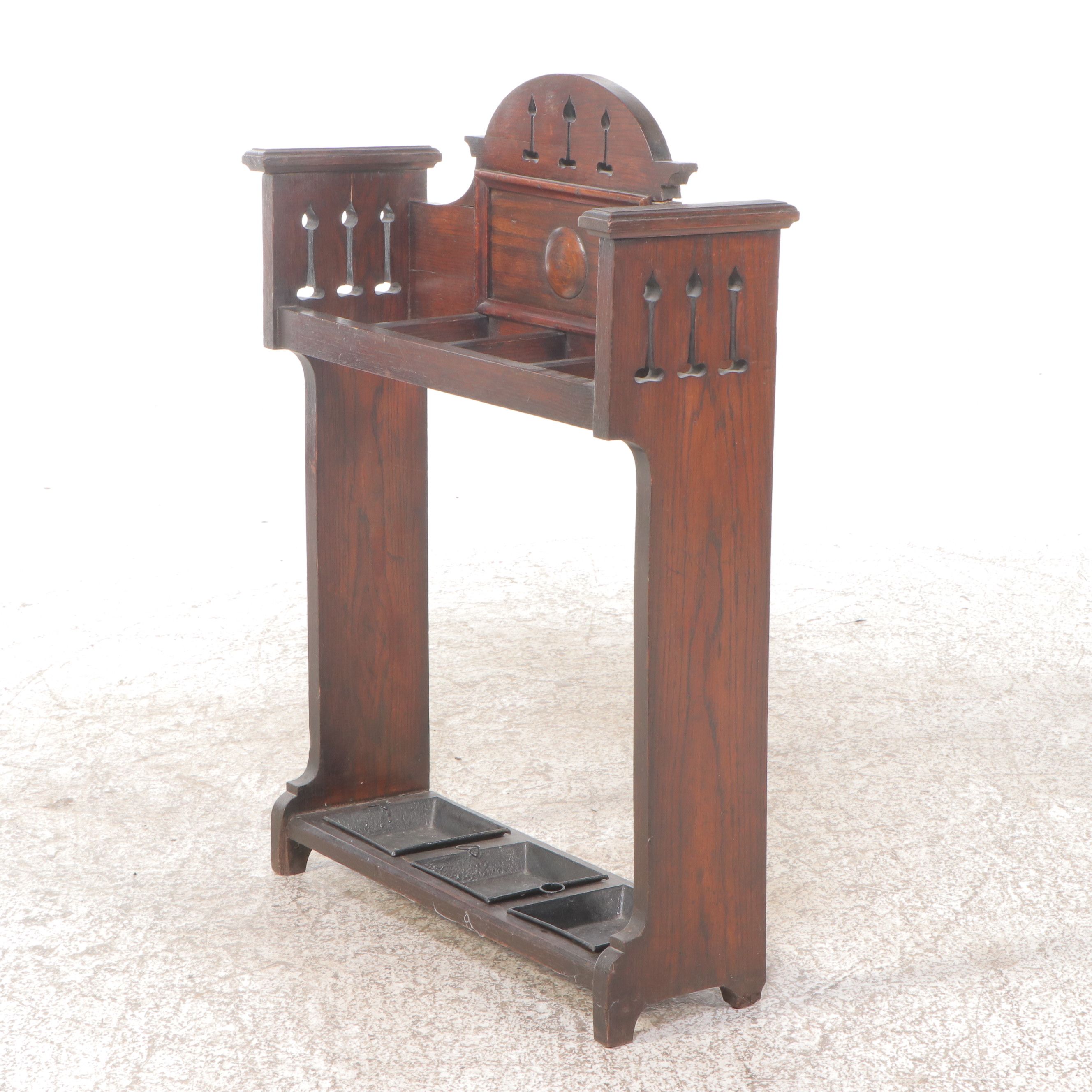 Spanish Revival Style Dark Wood and Metal Umbrella Stand