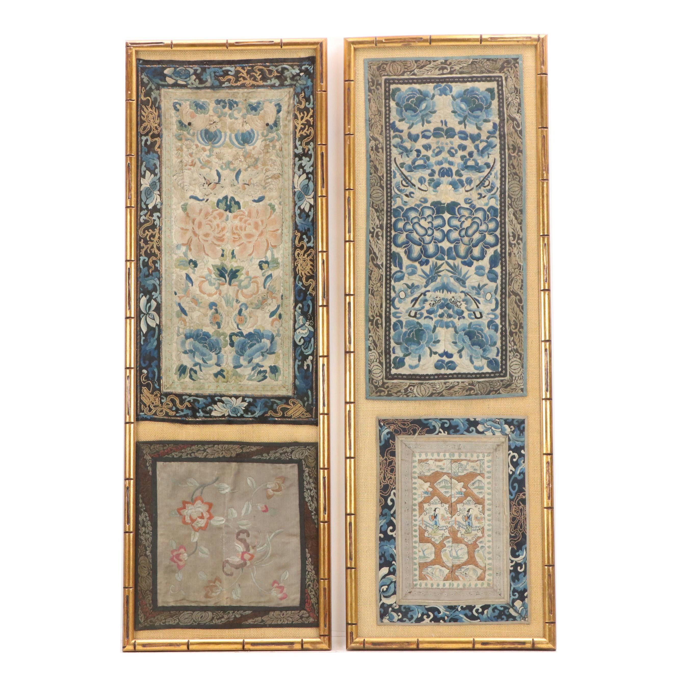 Chinese School Textile Embroidery Panels with Floral Motifs