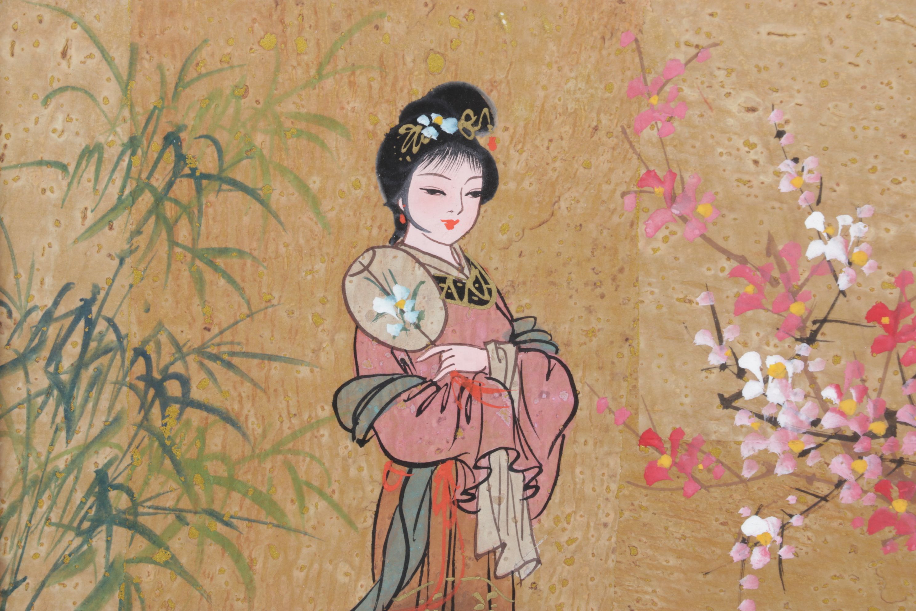 Chinese Gouache Painting on Cork of Maiden in Floral Garden, Mid-20th Century
