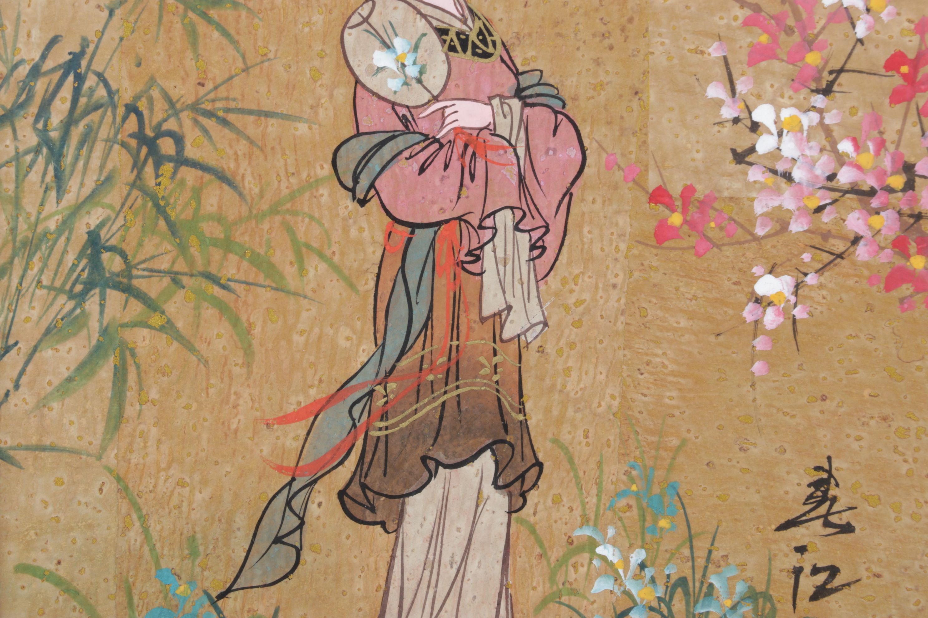 Chinese Gouache Painting on Cork of Maiden in Floral Garden, Mid-20th Century