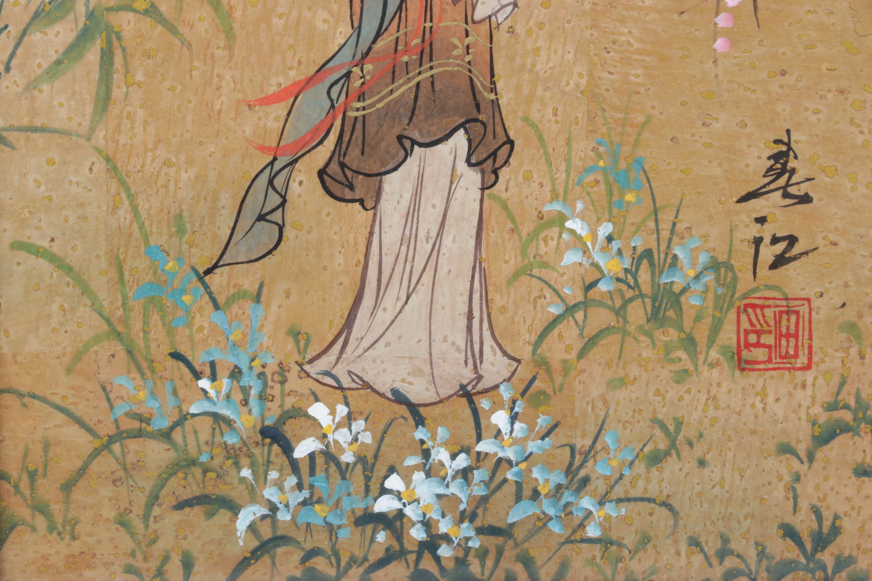 Chinese Gouache Painting on Cork of Maiden in Floral Garden, Mid-20th Century
