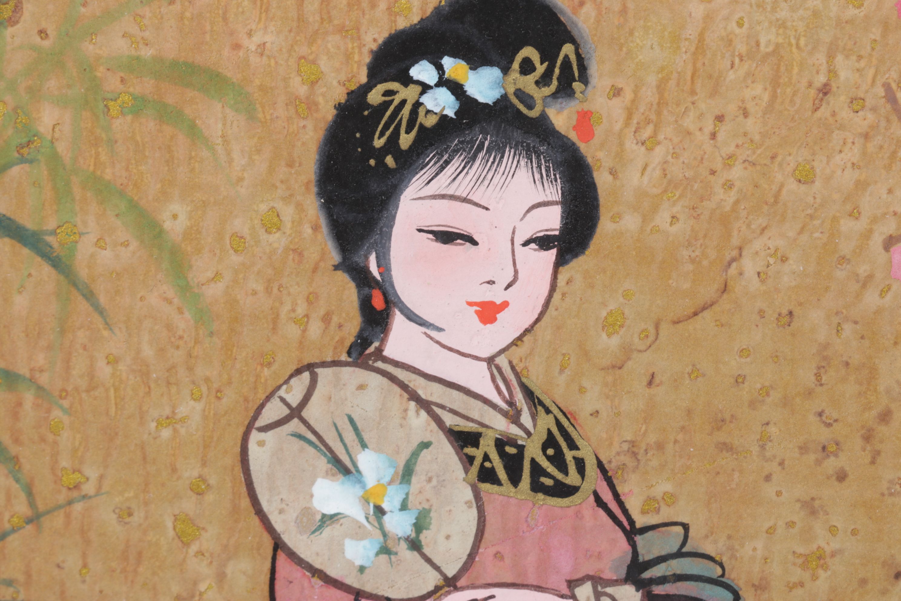 Chinese Gouache Painting on Cork of Maiden in Floral Garden, Mid-20th Century