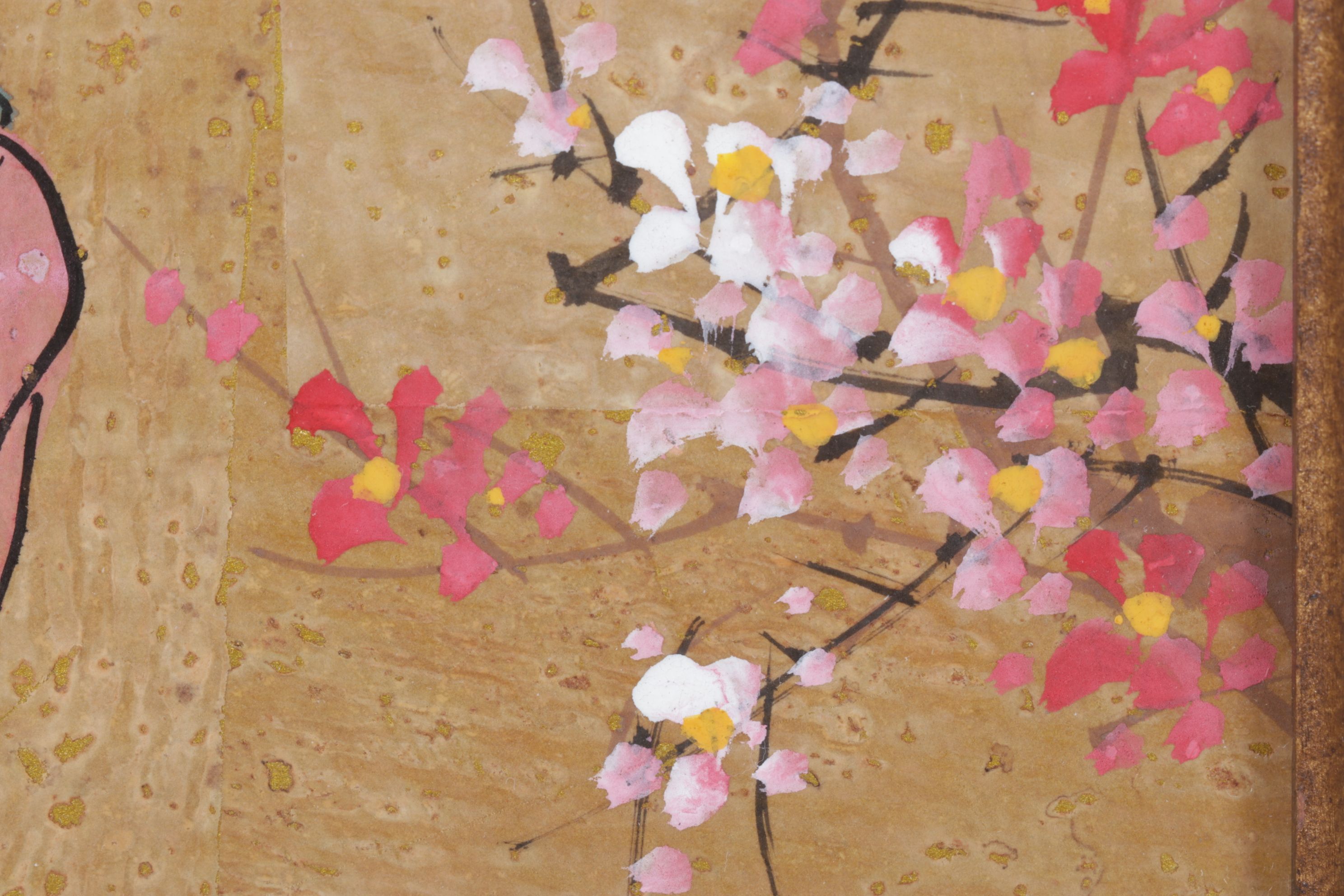 Chinese Gouache Painting on Cork of Maiden in Floral Garden, Mid-20th Century