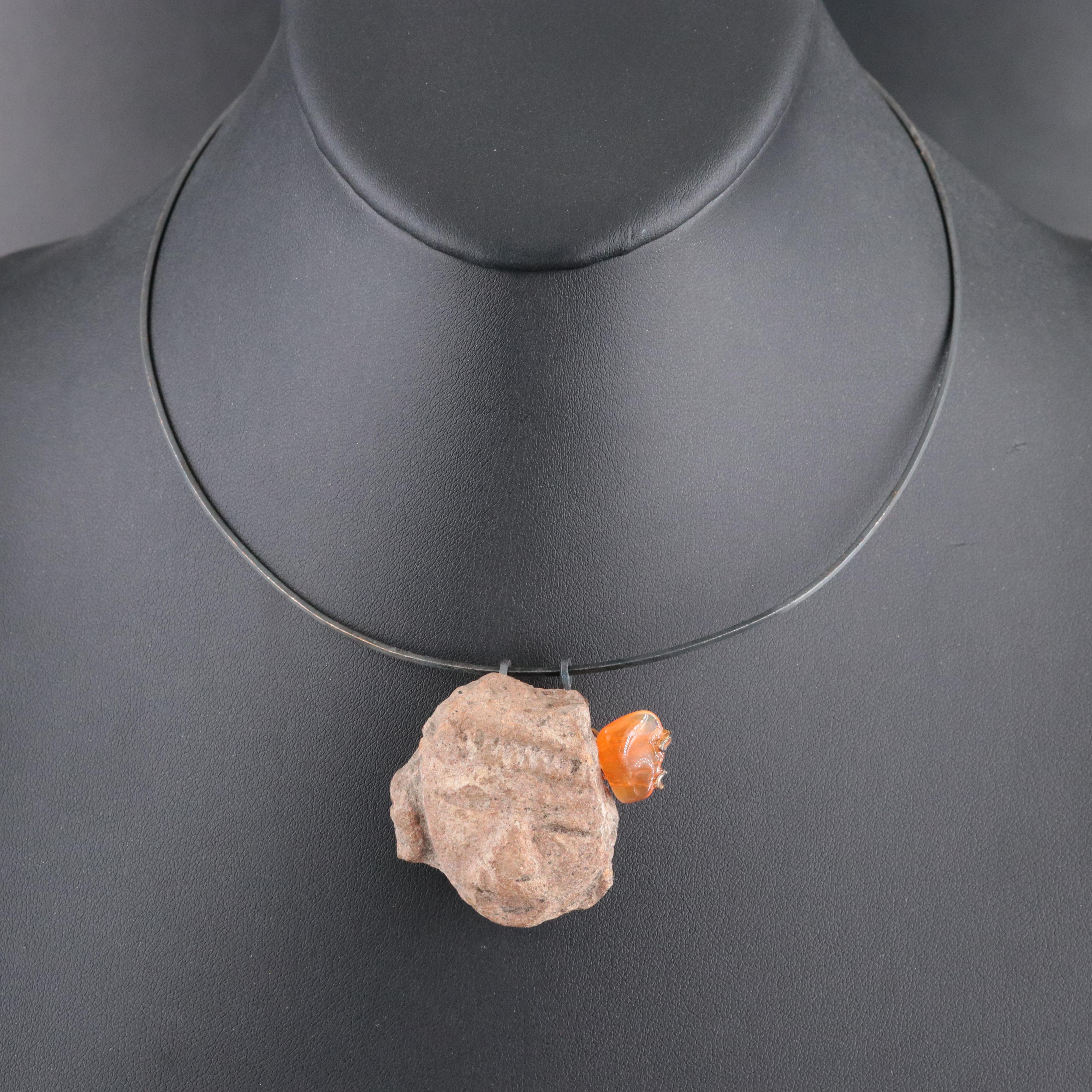 Fire Opal and Pre-Columbian Style Carved Stone Necklace