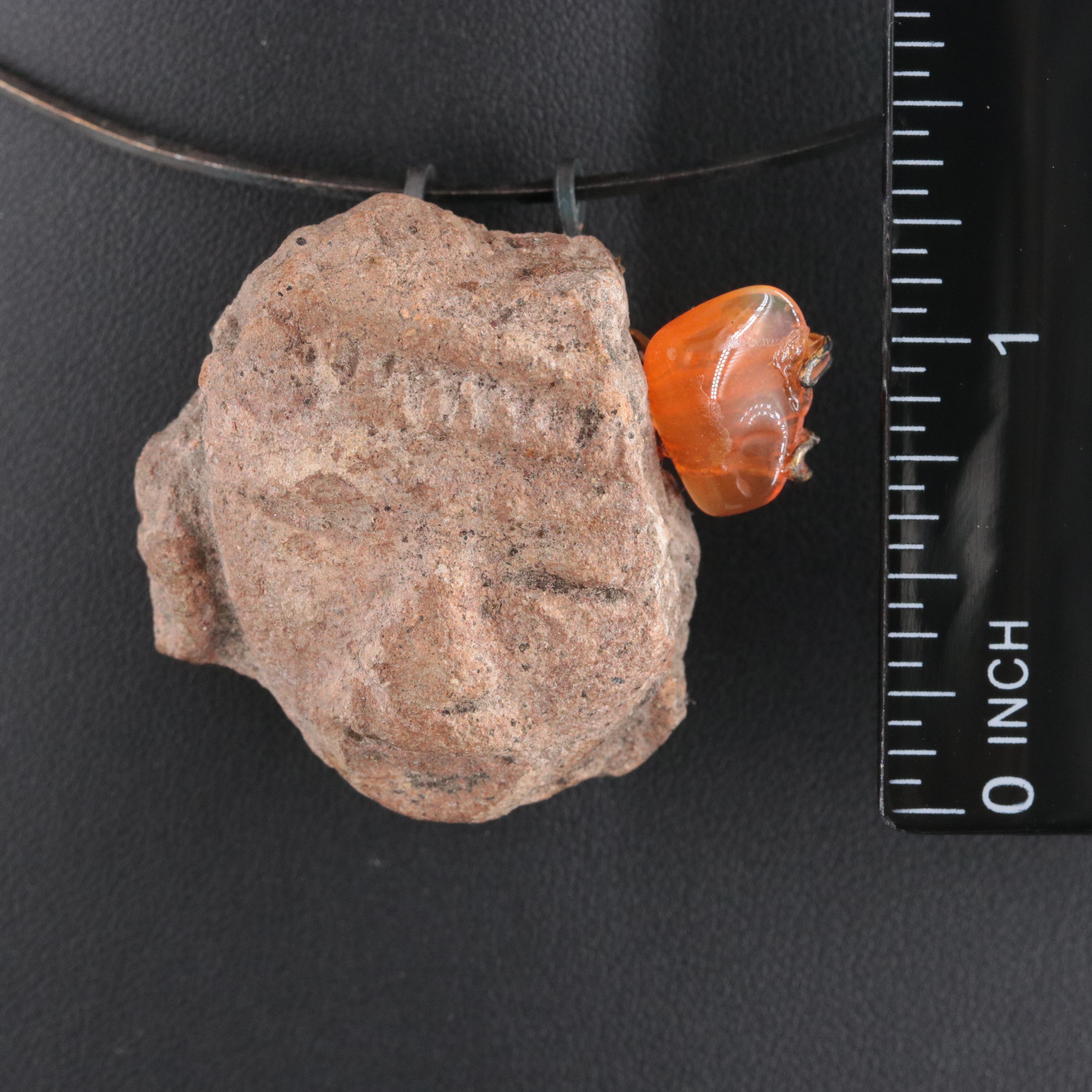 Fire Opal and Pre-Columbian Style Carved Stone Necklace