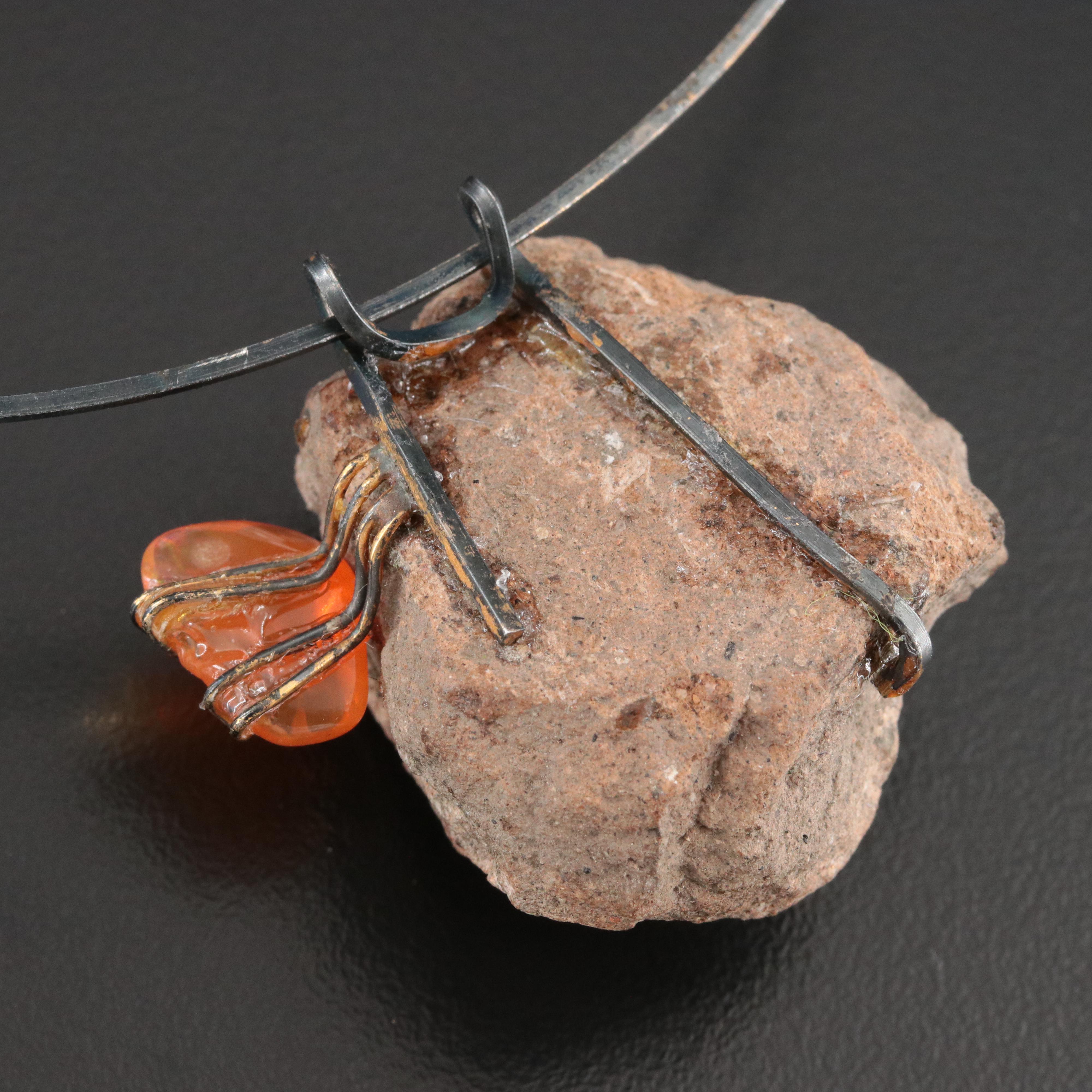 Fire Opal and Pre-Columbian Style Carved Stone Necklace