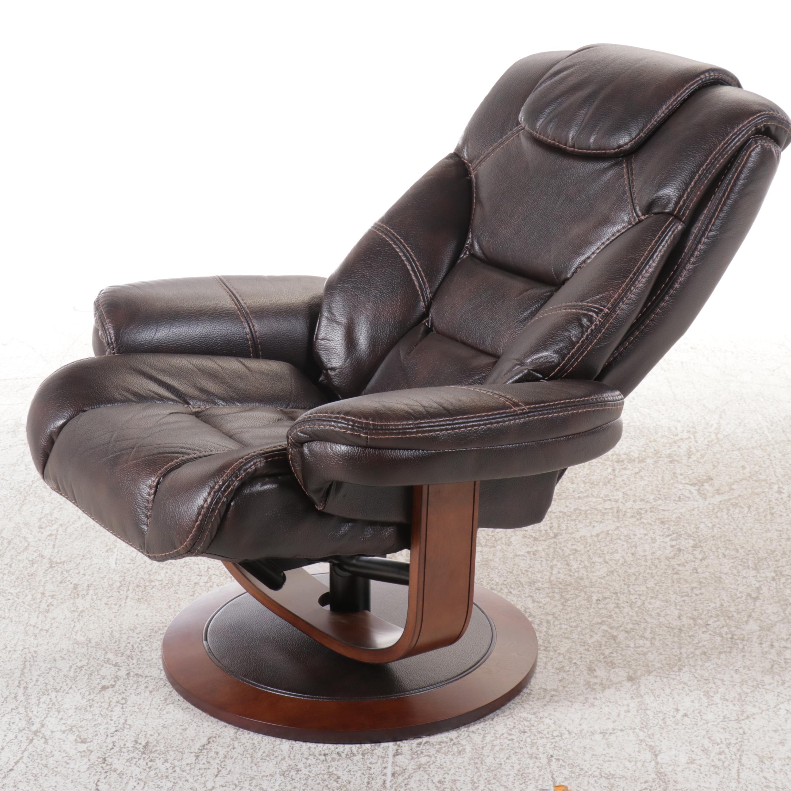 Contemporary Overstuffed Faux Leather and Wood Recliner with Ottoman