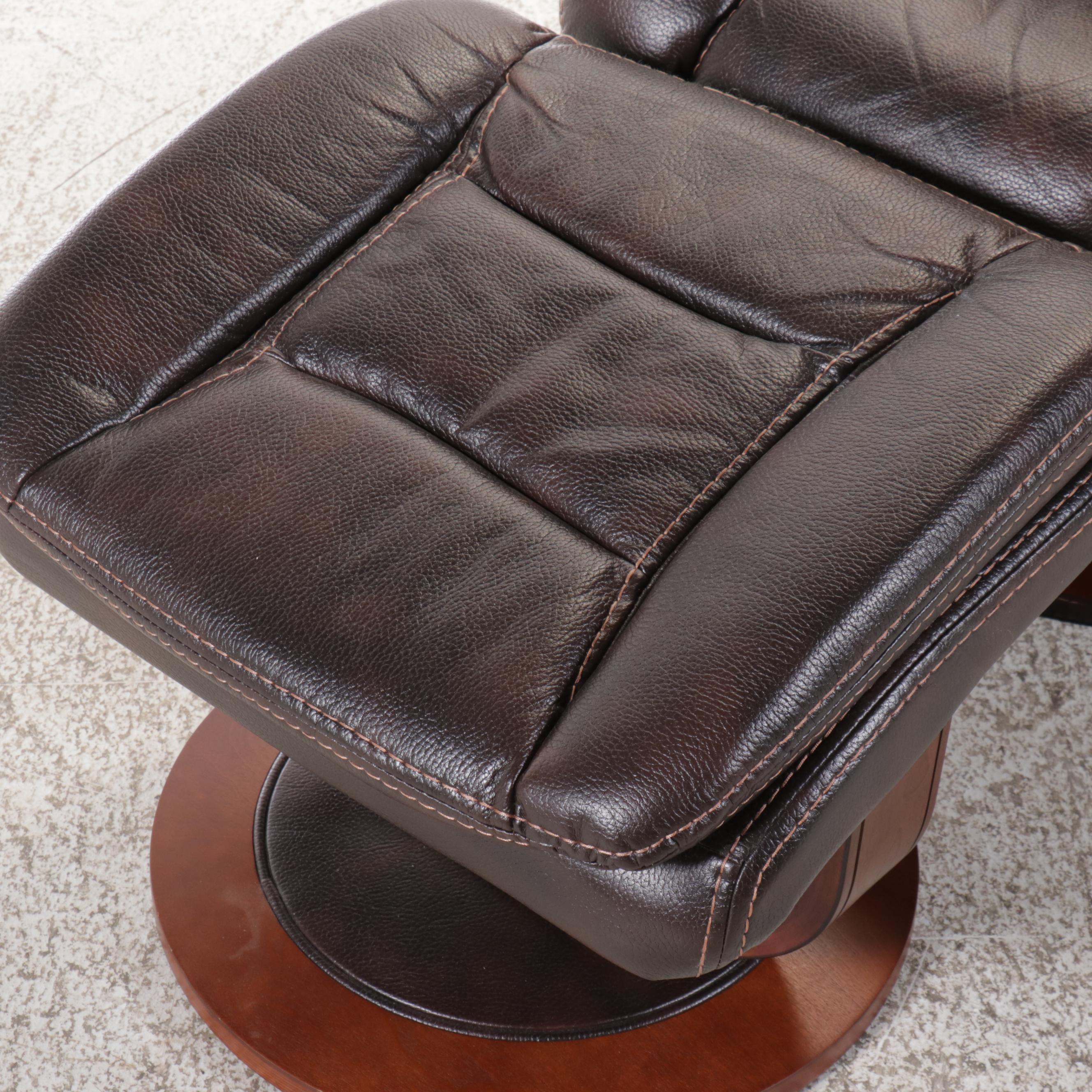 Contemporary Overstuffed Faux Leather and Wood Recliner with Ottoman