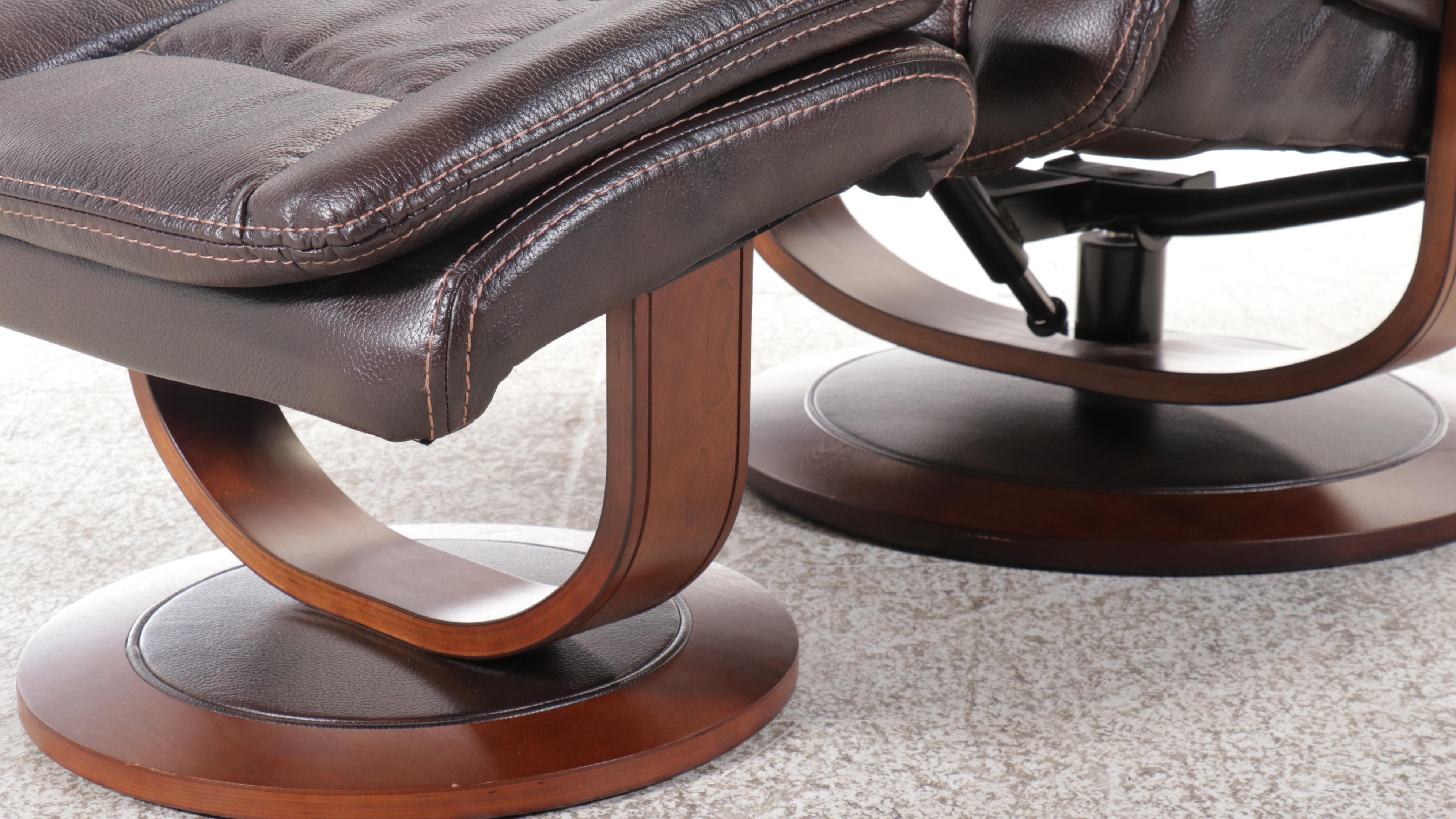 Contemporary Overstuffed Faux Leather and Wood Recliner with Ottoman