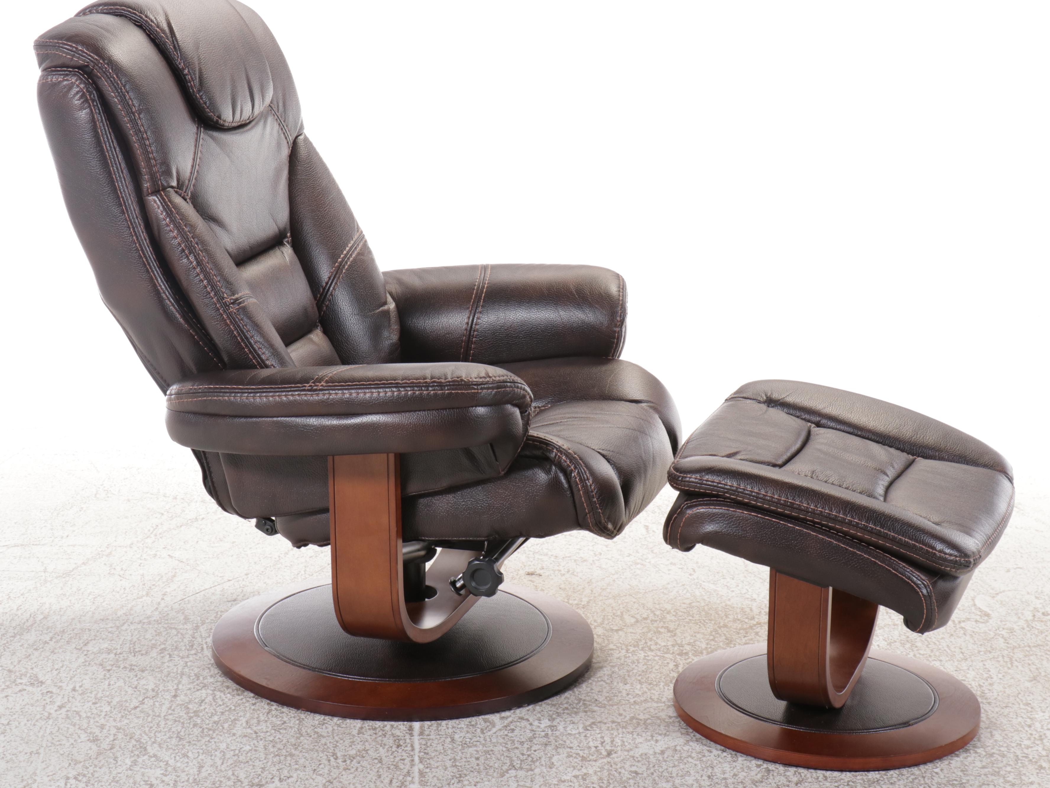 Contemporary Overstuffed Faux Leather and Wood Recliner with Ottoman