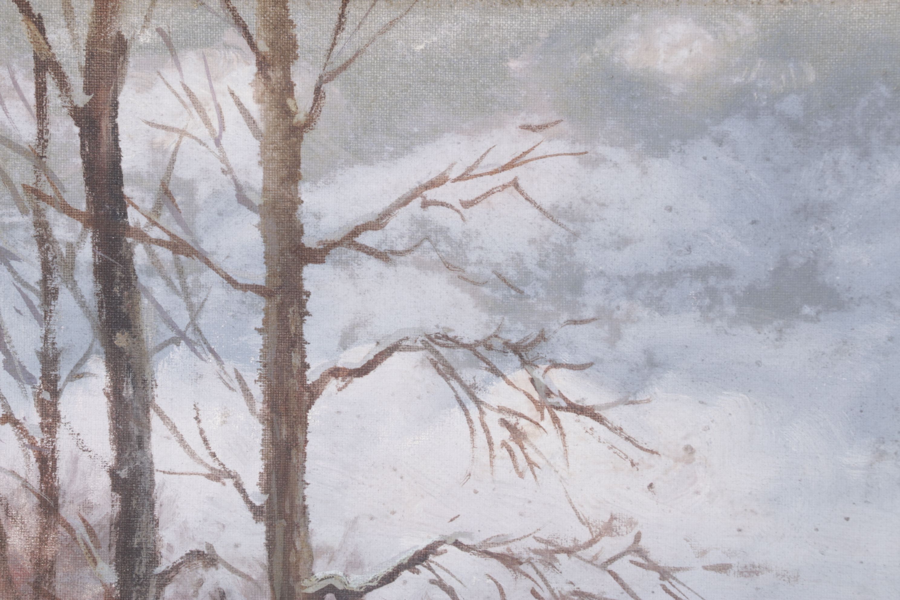 Impressionist Oil Painting of Barren Forest After Snowfall, Late 20th Century