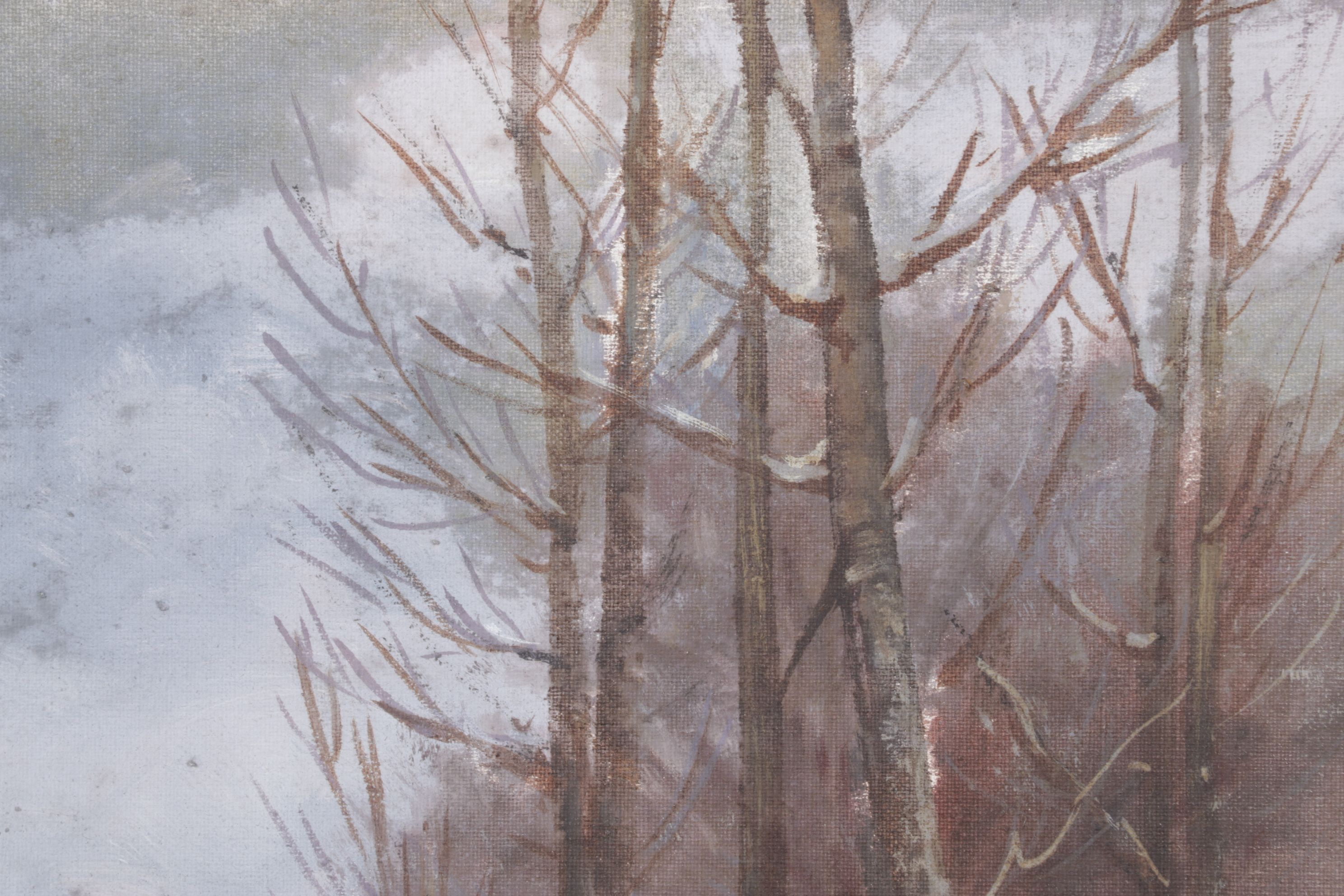 Impressionist Oil Painting of Barren Forest After Snowfall, Late 20th Century