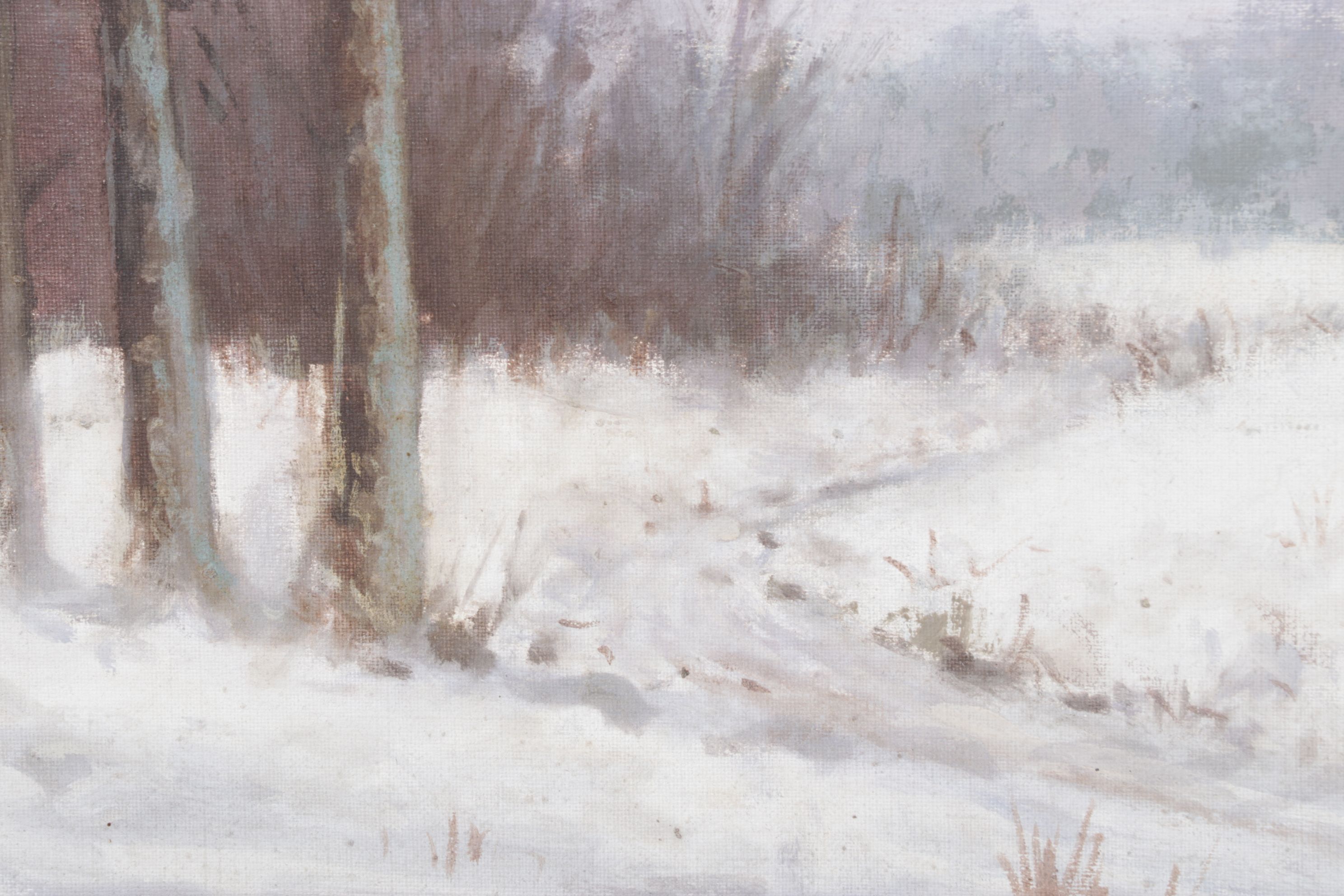 Impressionist Oil Painting of Barren Forest After Snowfall, Late 20th Century