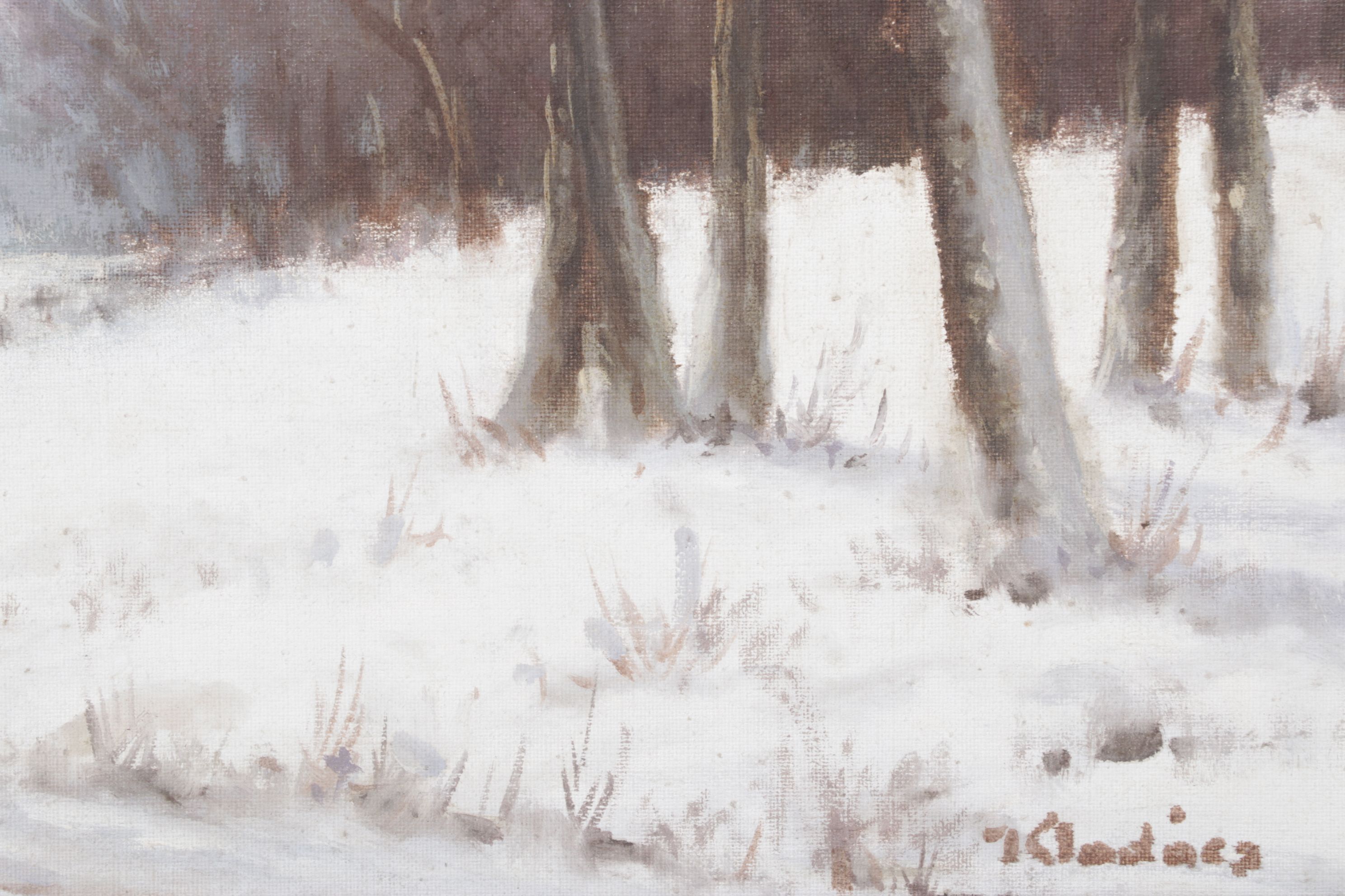 Impressionist Oil Painting of Barren Forest After Snowfall, Late 20th Century