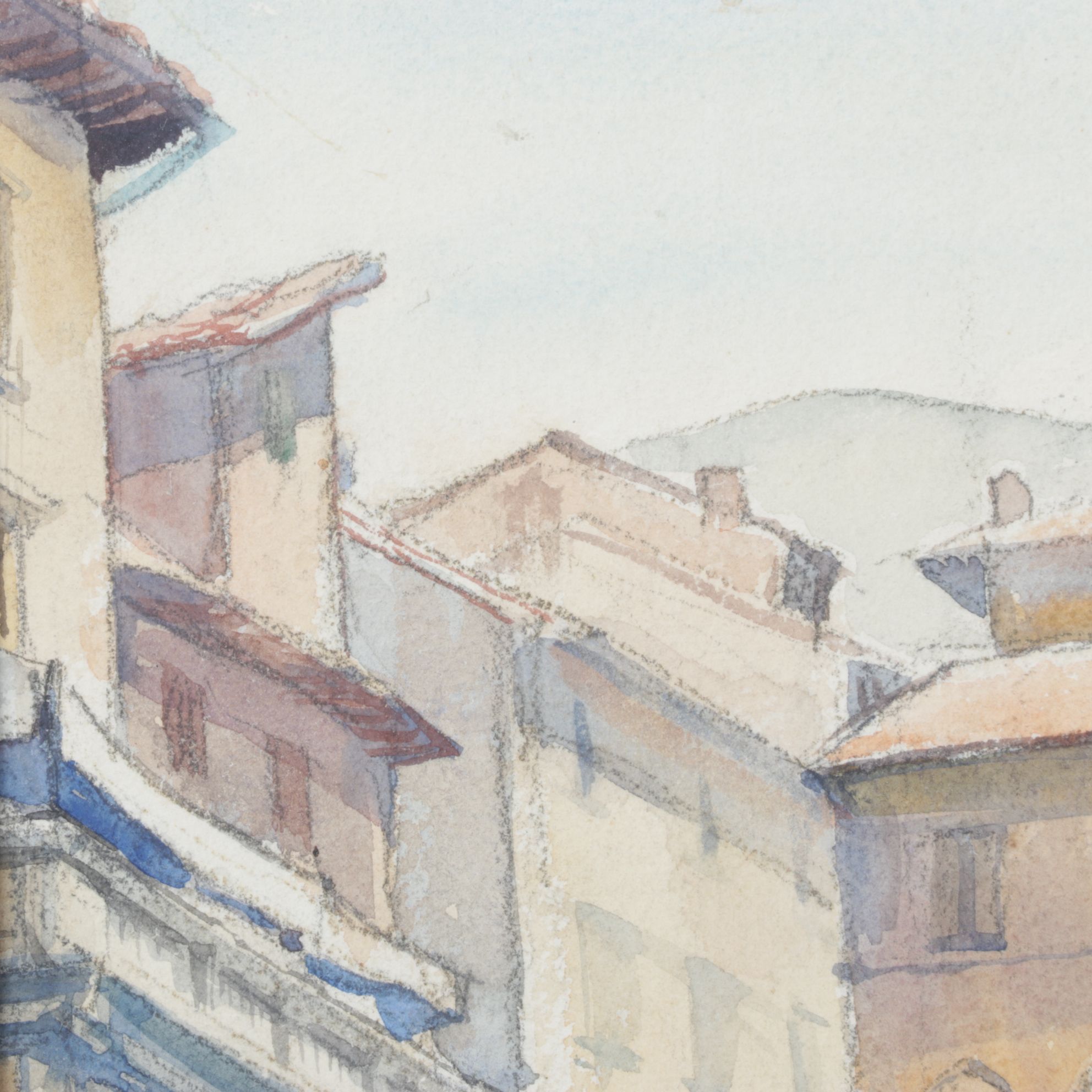 B. Marzano Impressionist Watercolor Painting of Facades in an Italian Courtyard