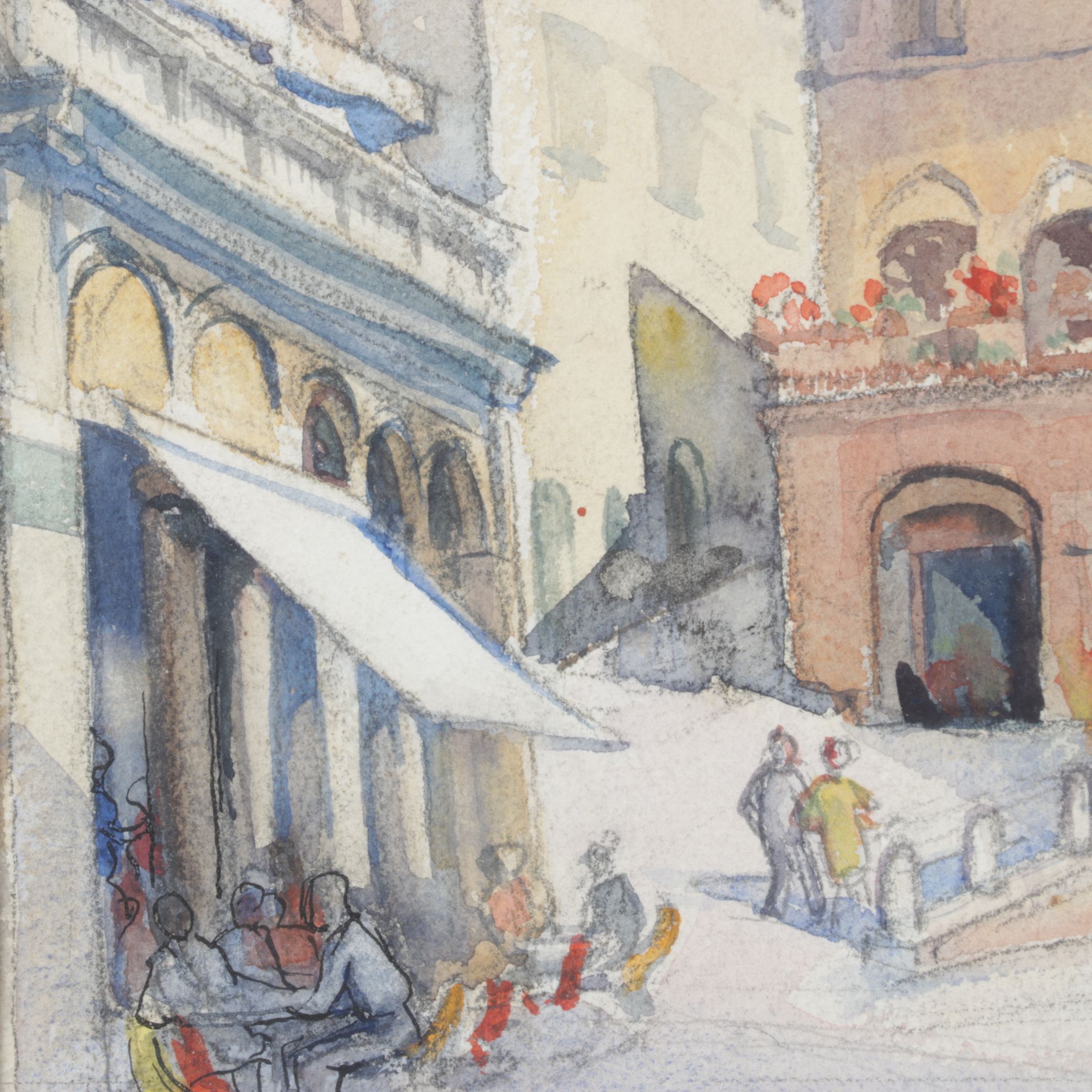 B. Marzano Impressionist Watercolor Painting of Facades in an Italian Courtyard