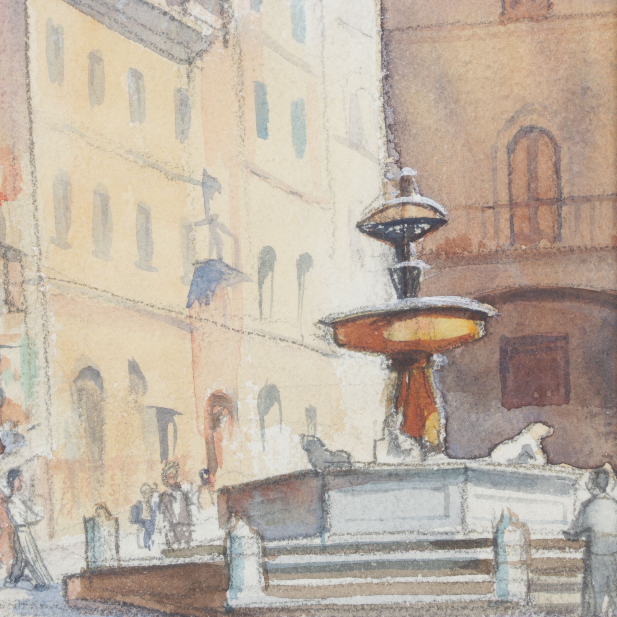 B. Marzano Impressionist Watercolor Painting of Facades in an Italian Courtyard