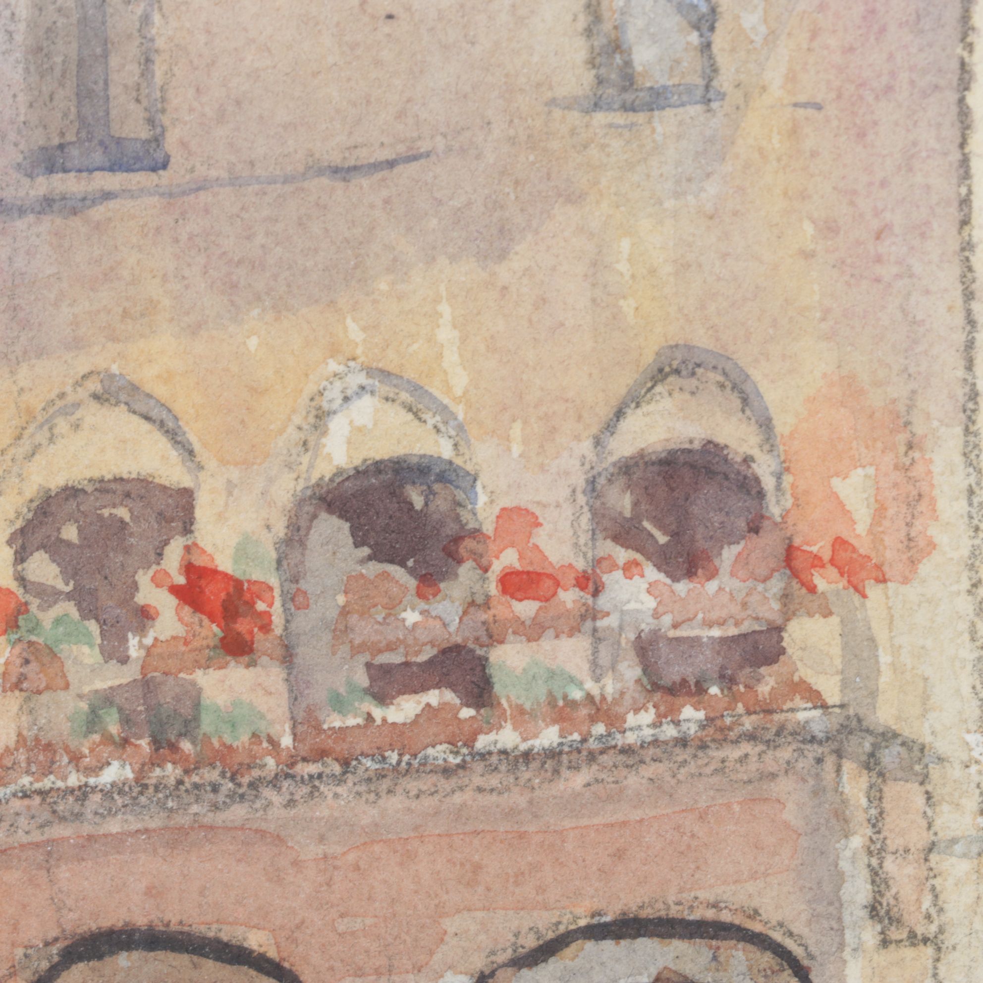 B. Marzano Impressionist Watercolor Painting of Facades in an Italian Courtyard