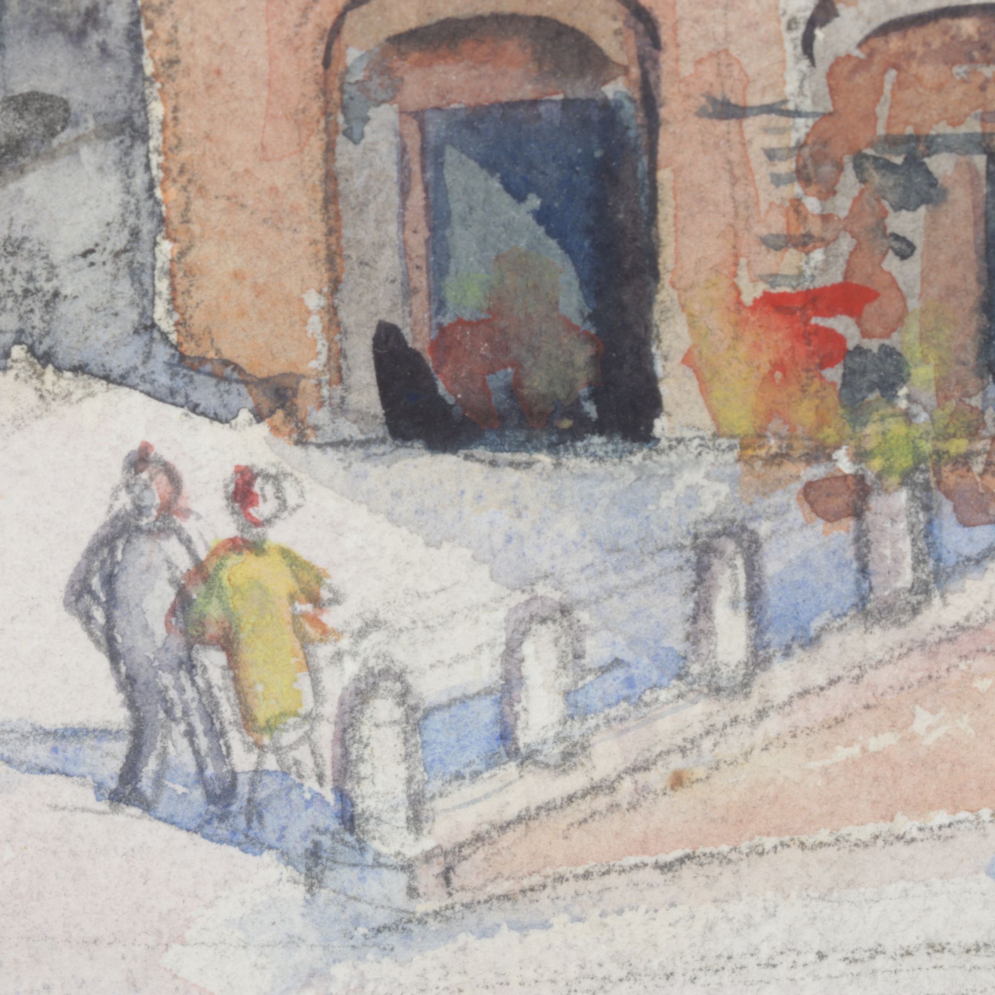 B. Marzano Impressionist Watercolor Painting of Facades in an Italian Courtyard