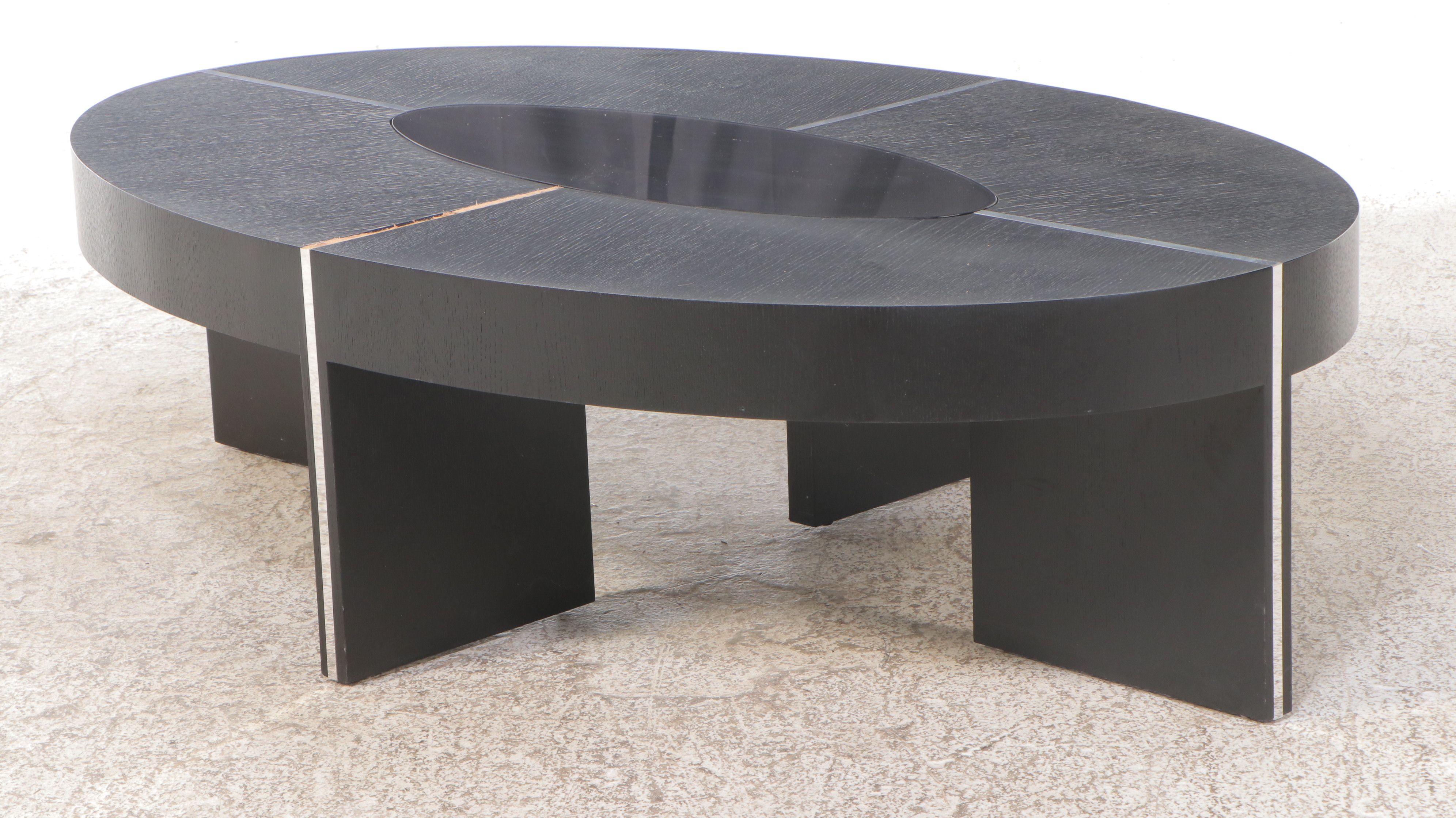 Contemporary Modern Ebonized Wood Coffee Table with Inlaid Glass Top