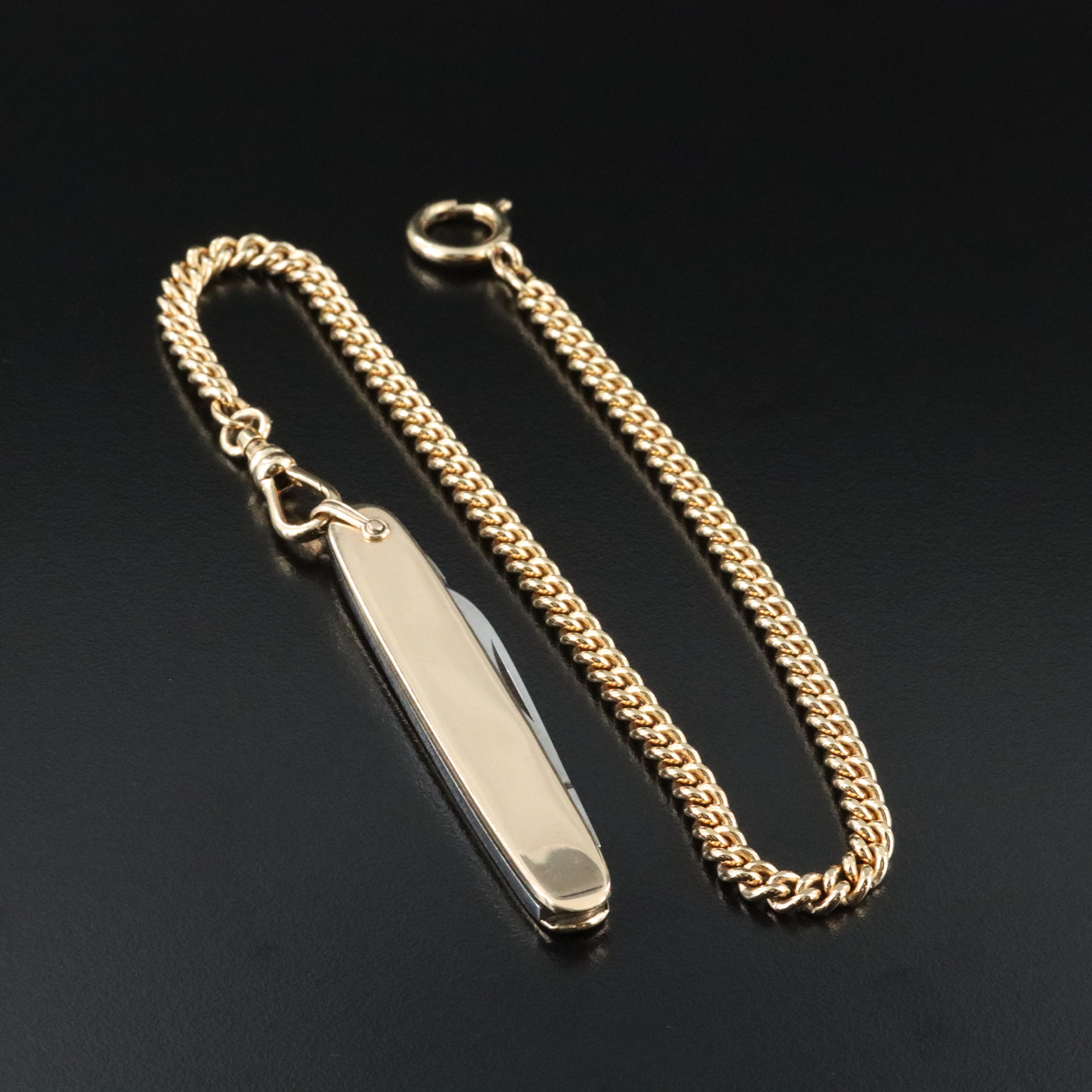 14K Knife Pendant on Curb Watch Chain
