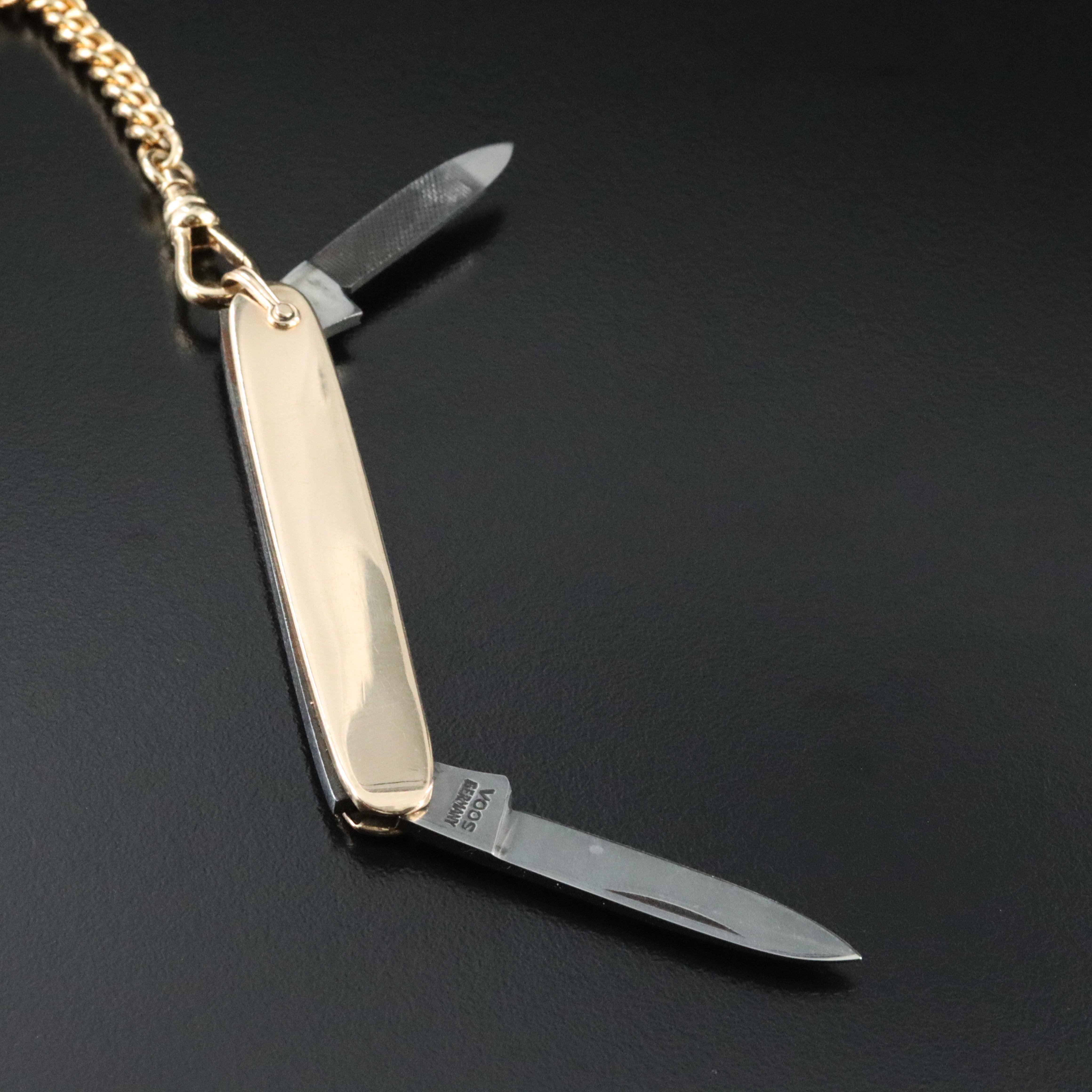 14K Knife Pendant on Curb Watch Chain