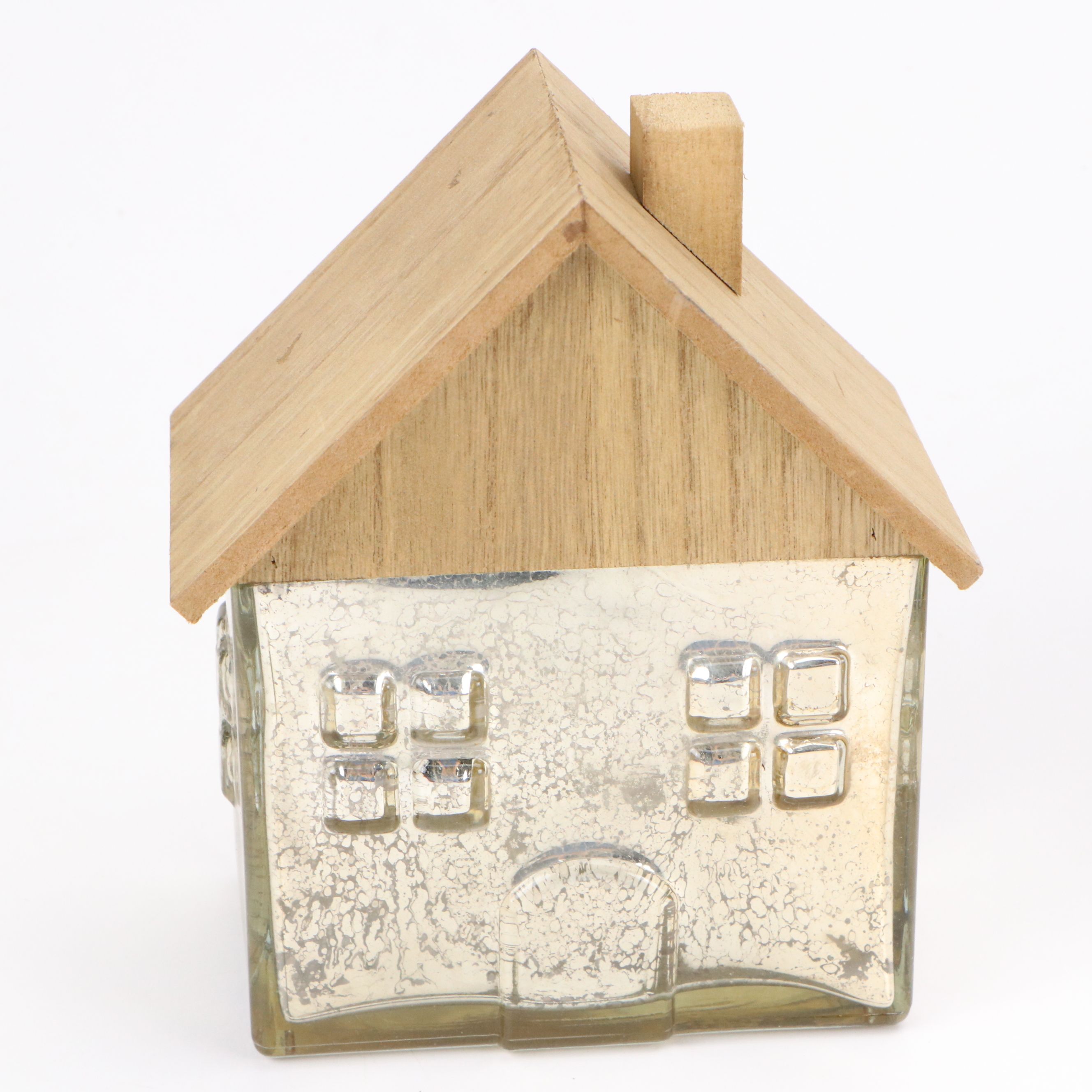 Set of Mercury Glass and Wood House Shaped Boxes