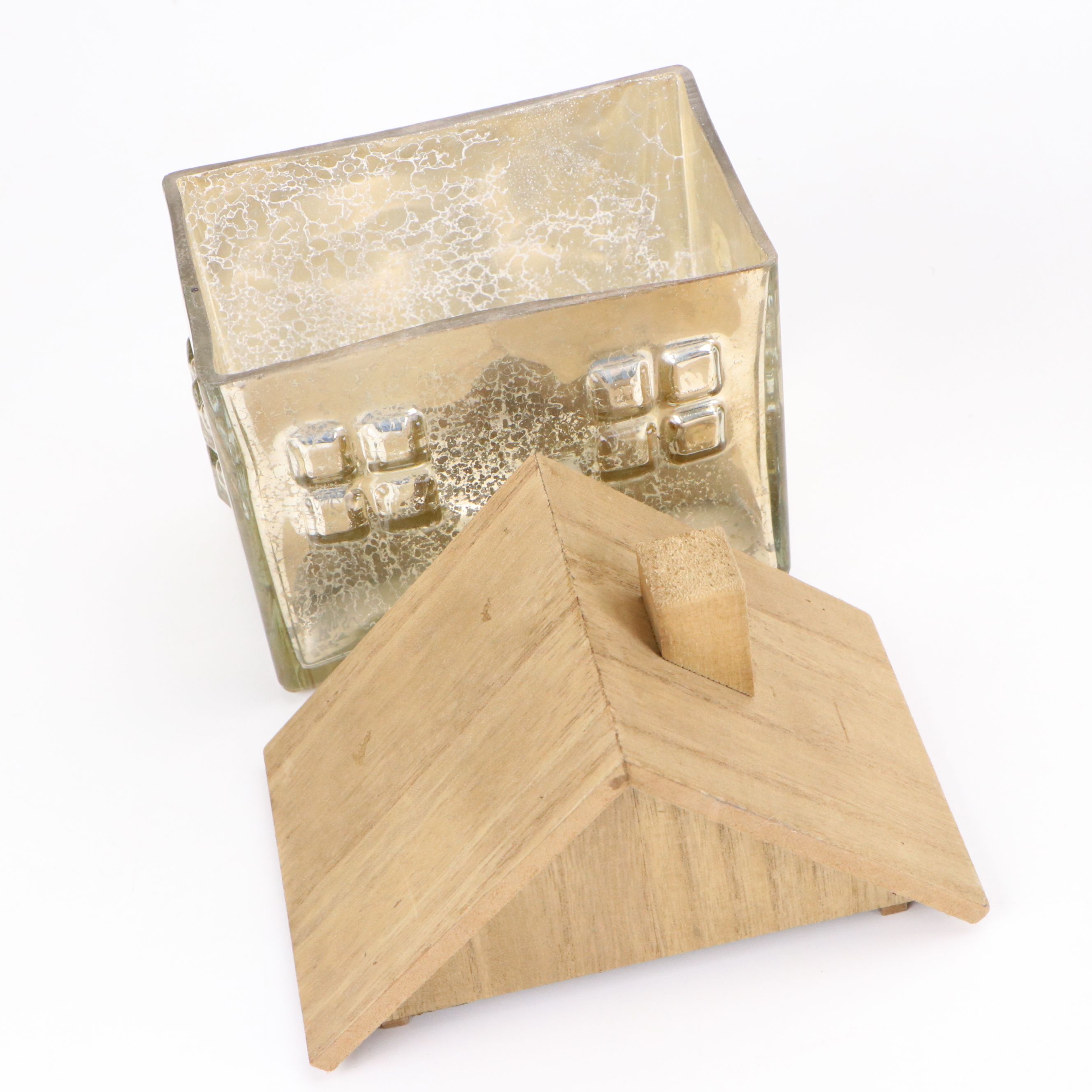 Set of Mercury Glass and Wood House Shaped Boxes