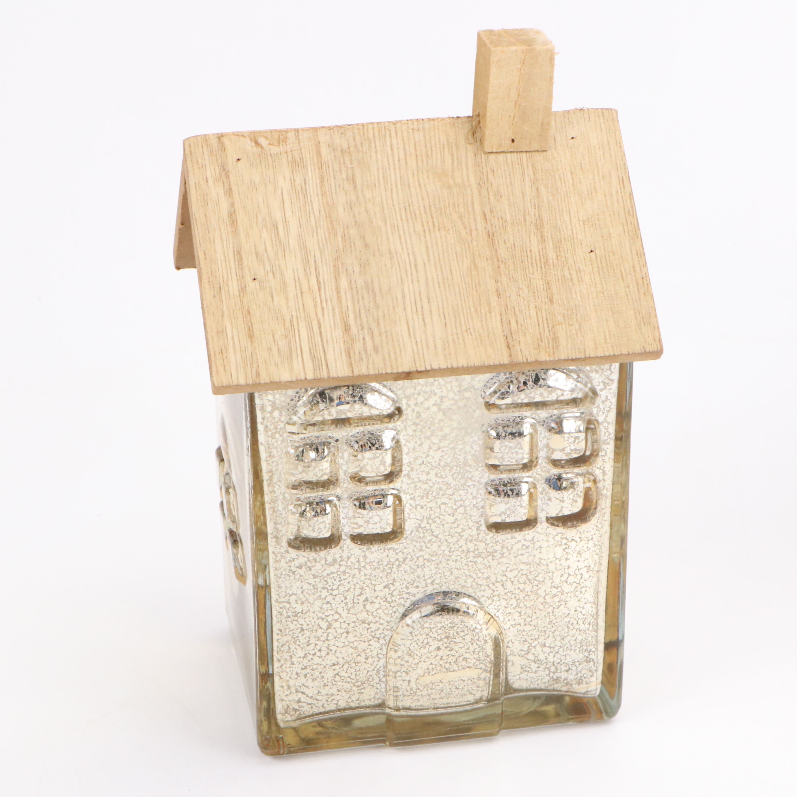 Set of Mercury Glass and Wood House Shaped Boxes