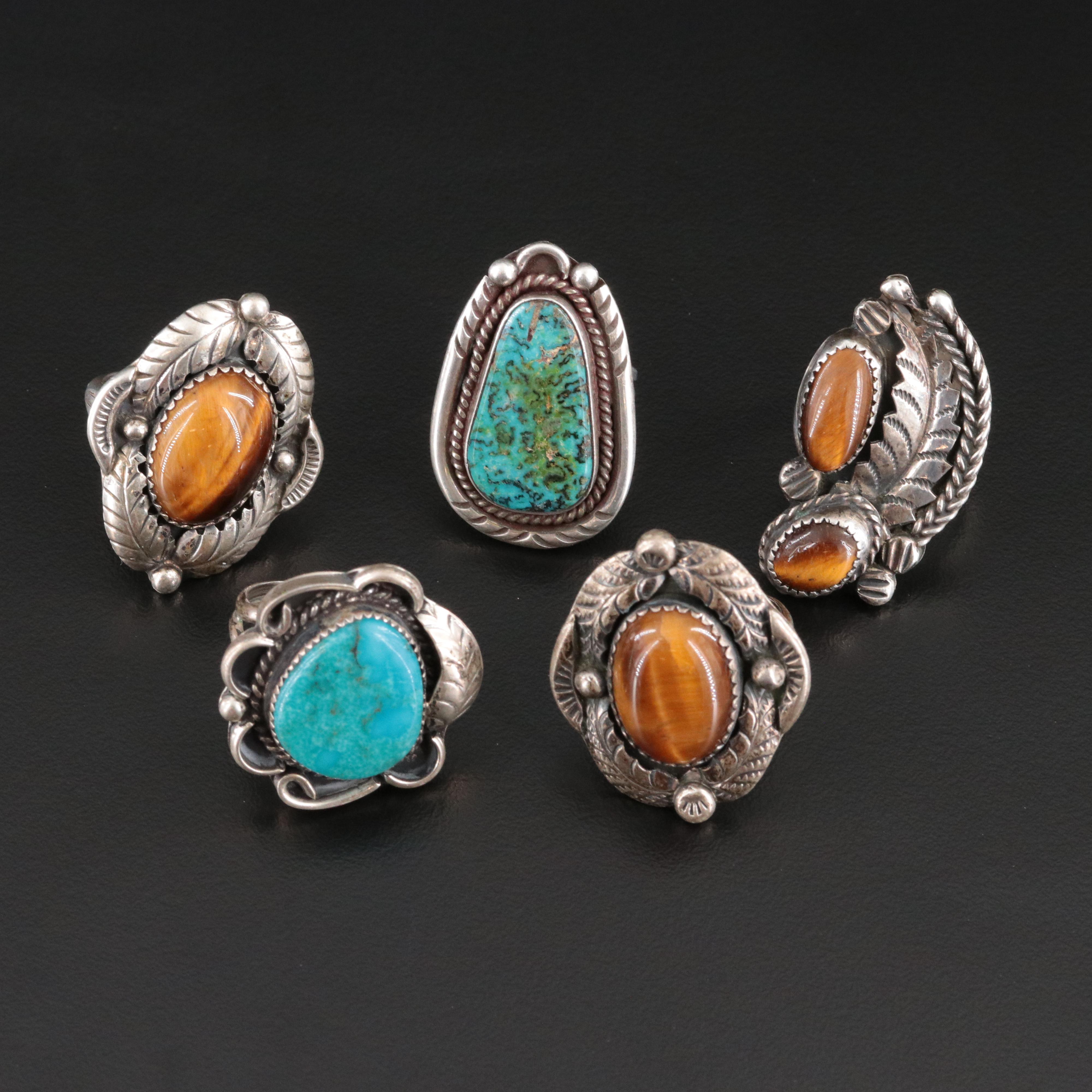 Southwestern Sterling Turquoise and Tiger's Eye Feather Appliqué Rings