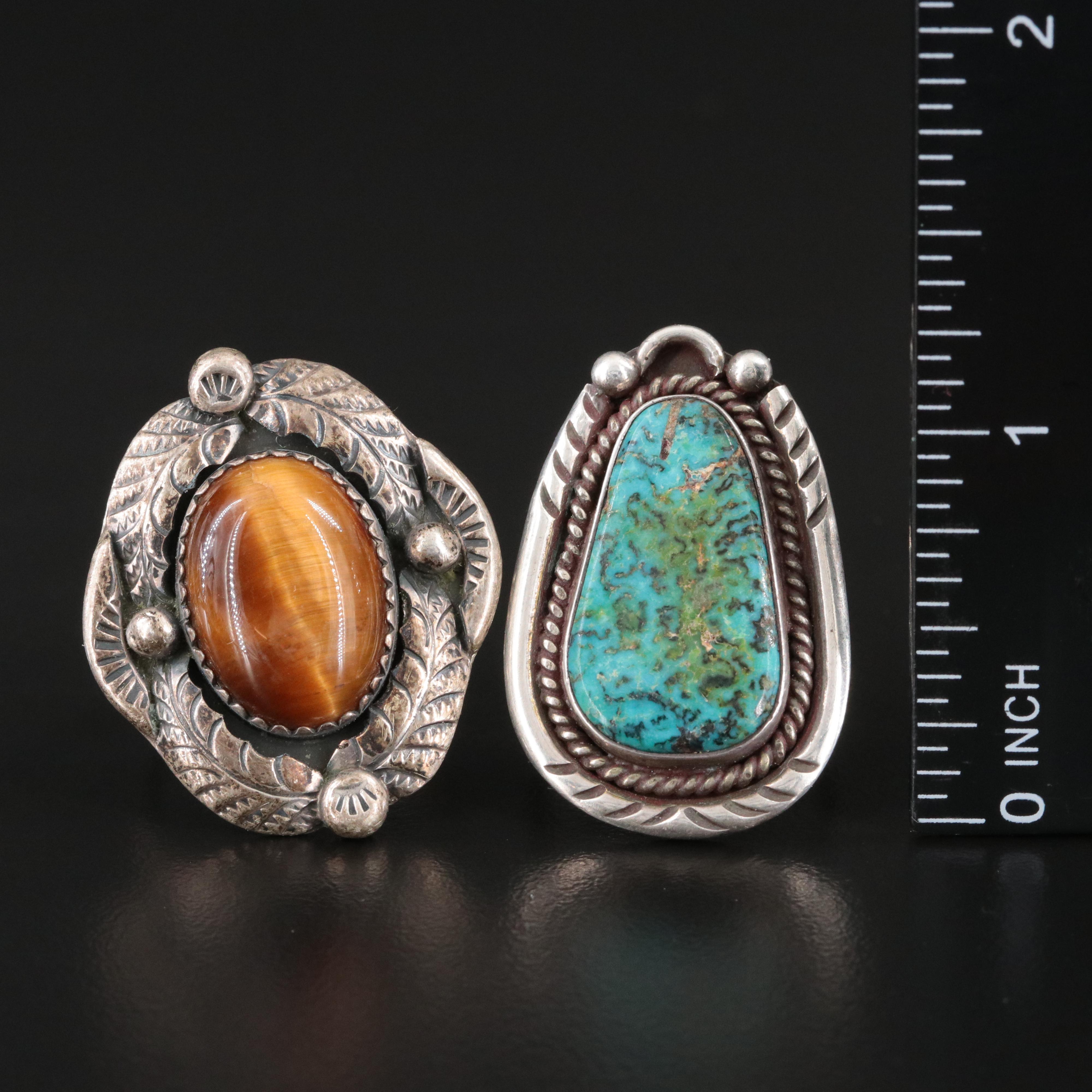 Southwestern Sterling Turquoise and Tiger's Eye Feather Appliqué Rings