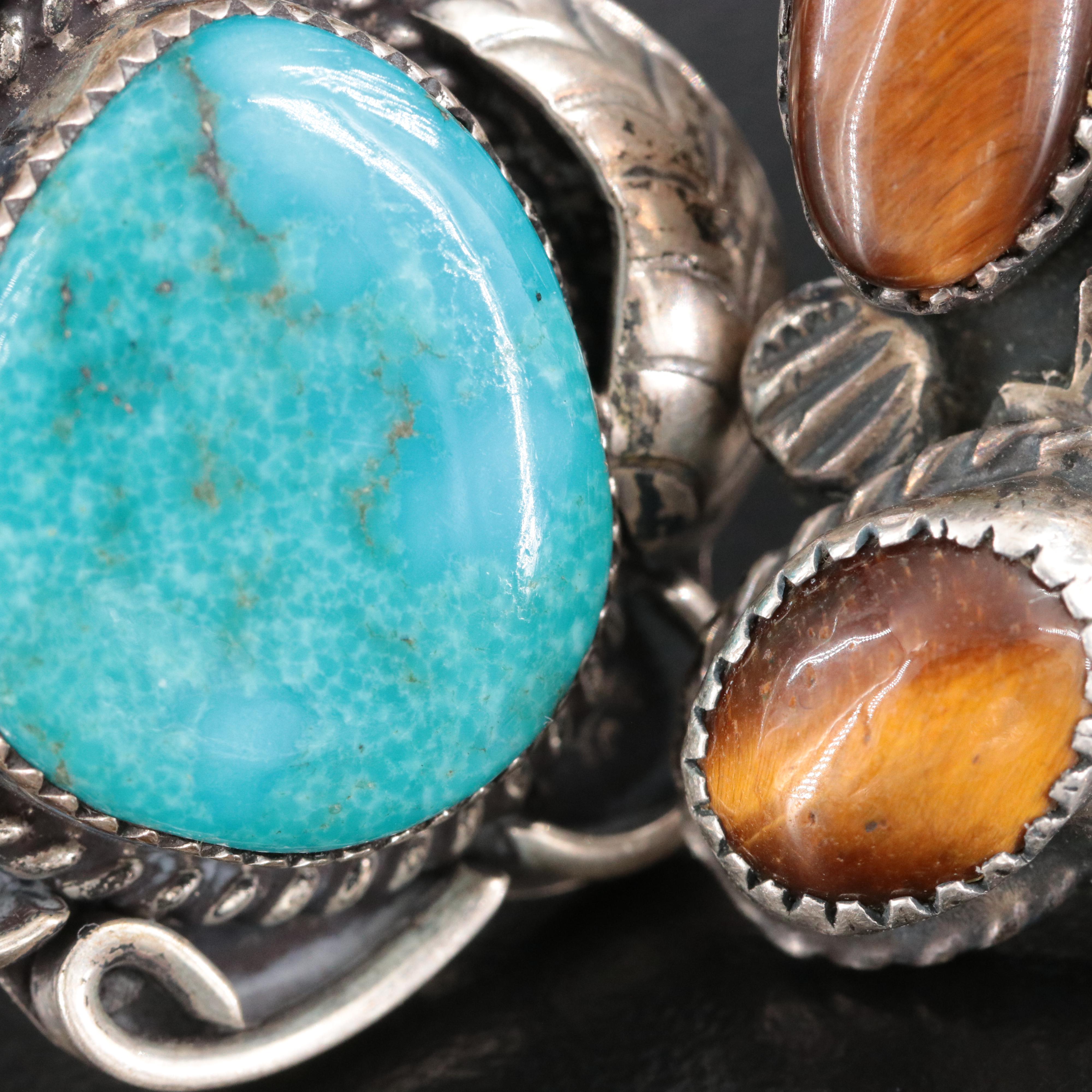 Southwestern Sterling Turquoise and Tiger's Eye Feather Appliqué Rings