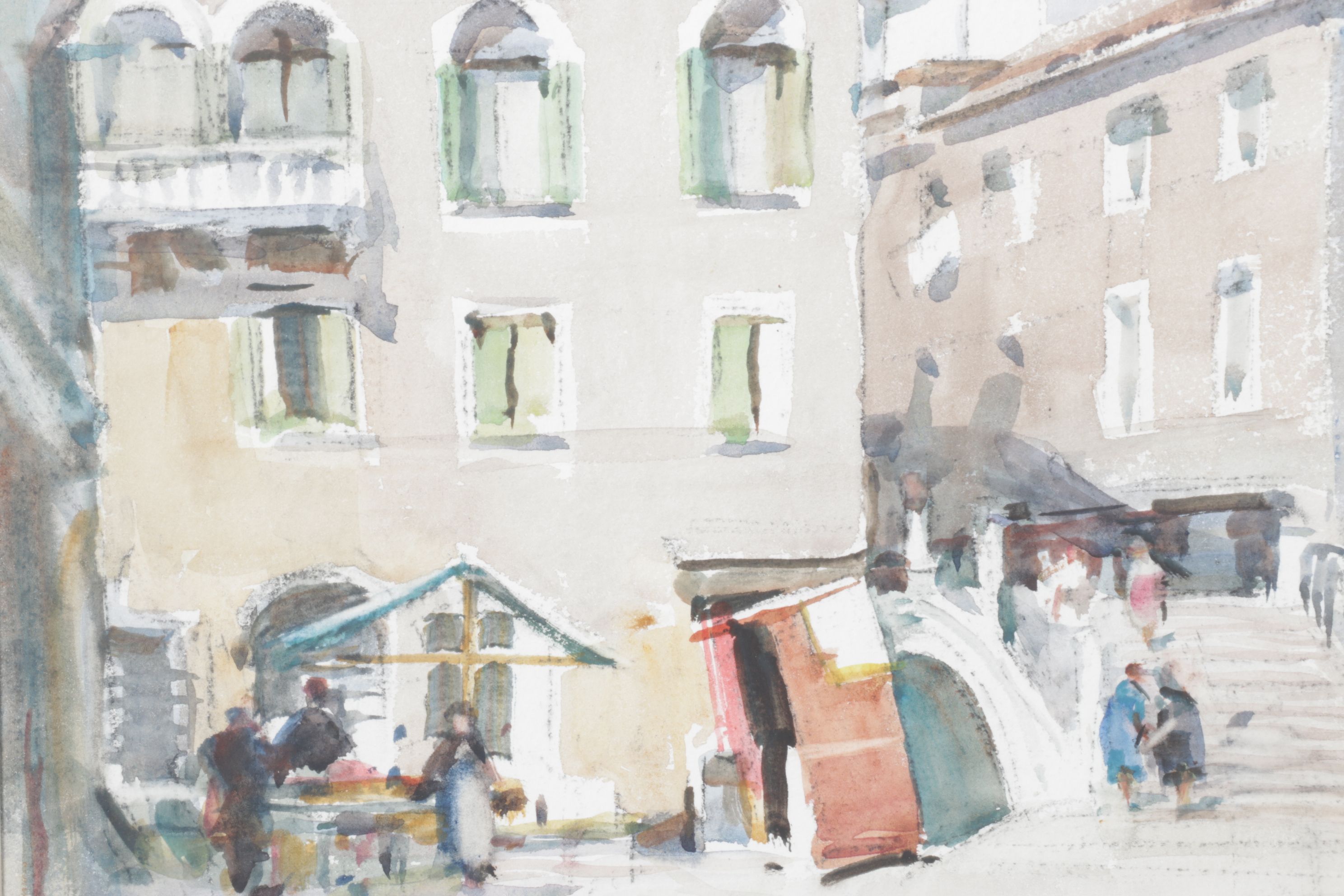 E. M. Mallinson Impressionist Watercolor Painting of People in City Market
