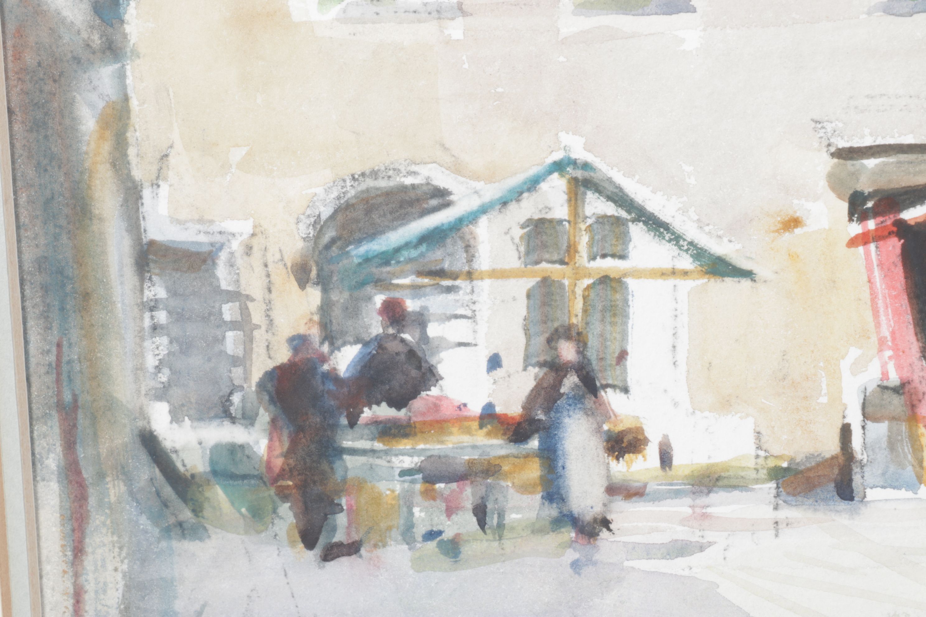 E. M. Mallinson Impressionist Watercolor Painting of People in City Market