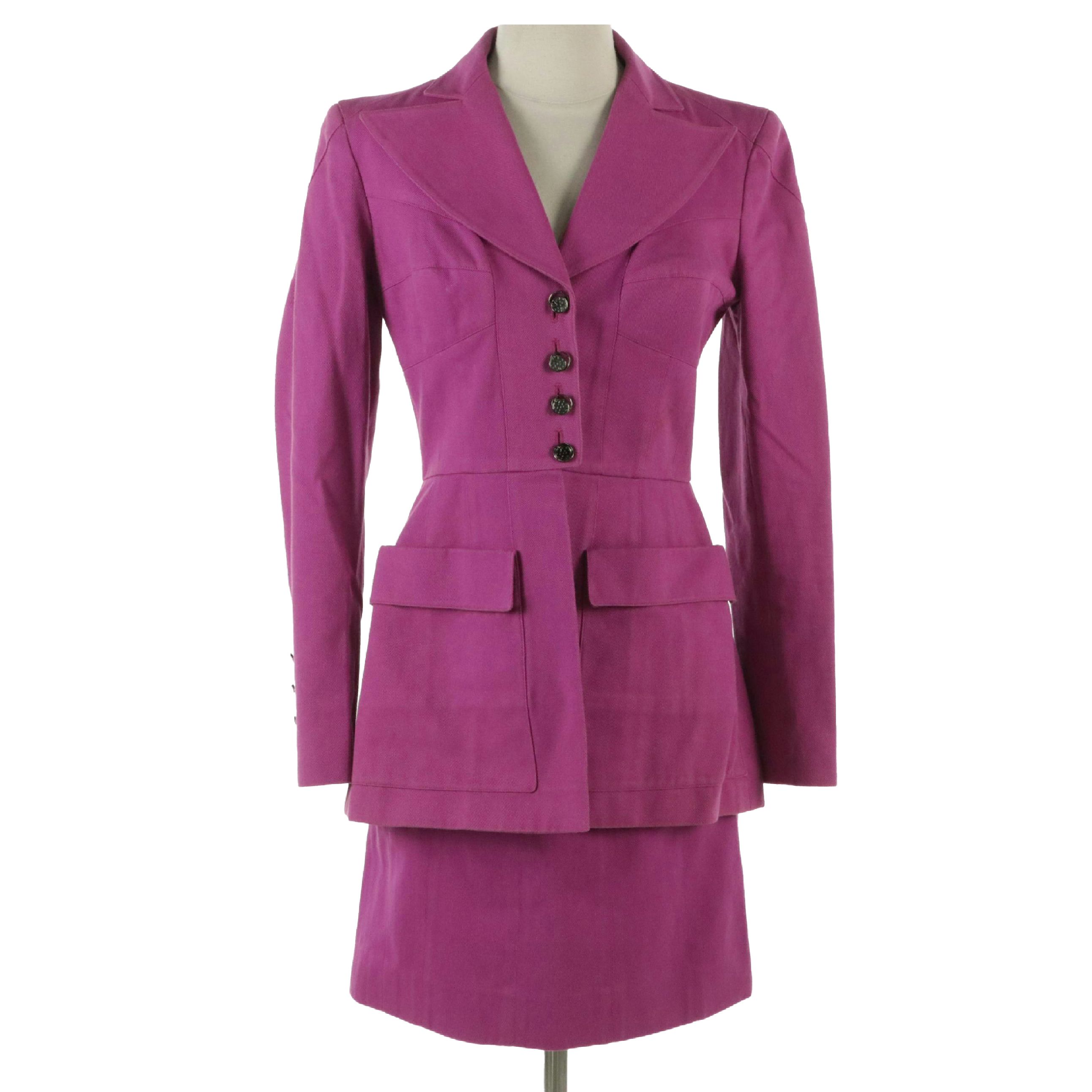 Karl Lagerfeld Tailored Magenta Denim Lapel-Collar Skirt Suit, 1990s