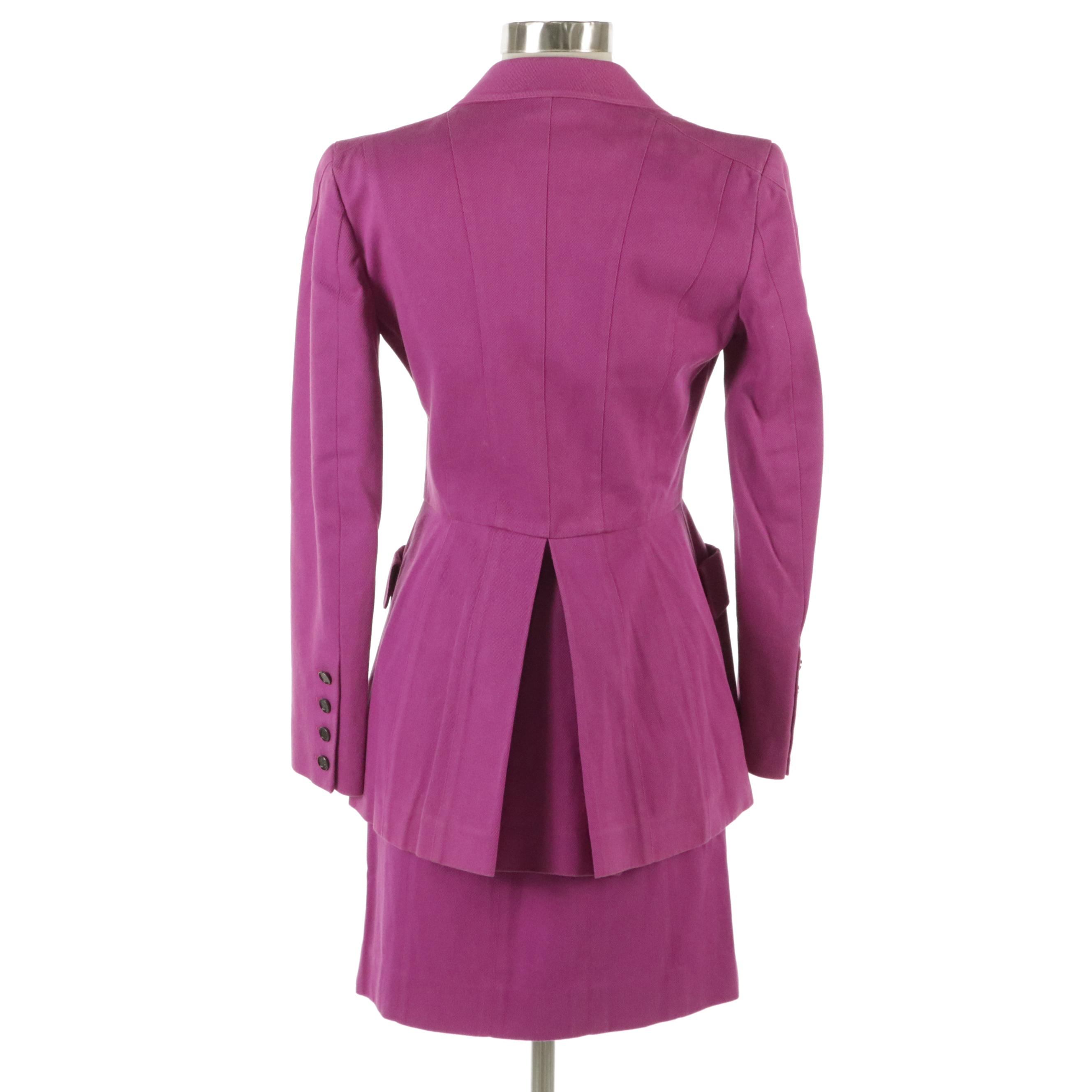 Karl Lagerfeld Tailored Magenta Denim Lapel-Collar Skirt Suit, 1990s