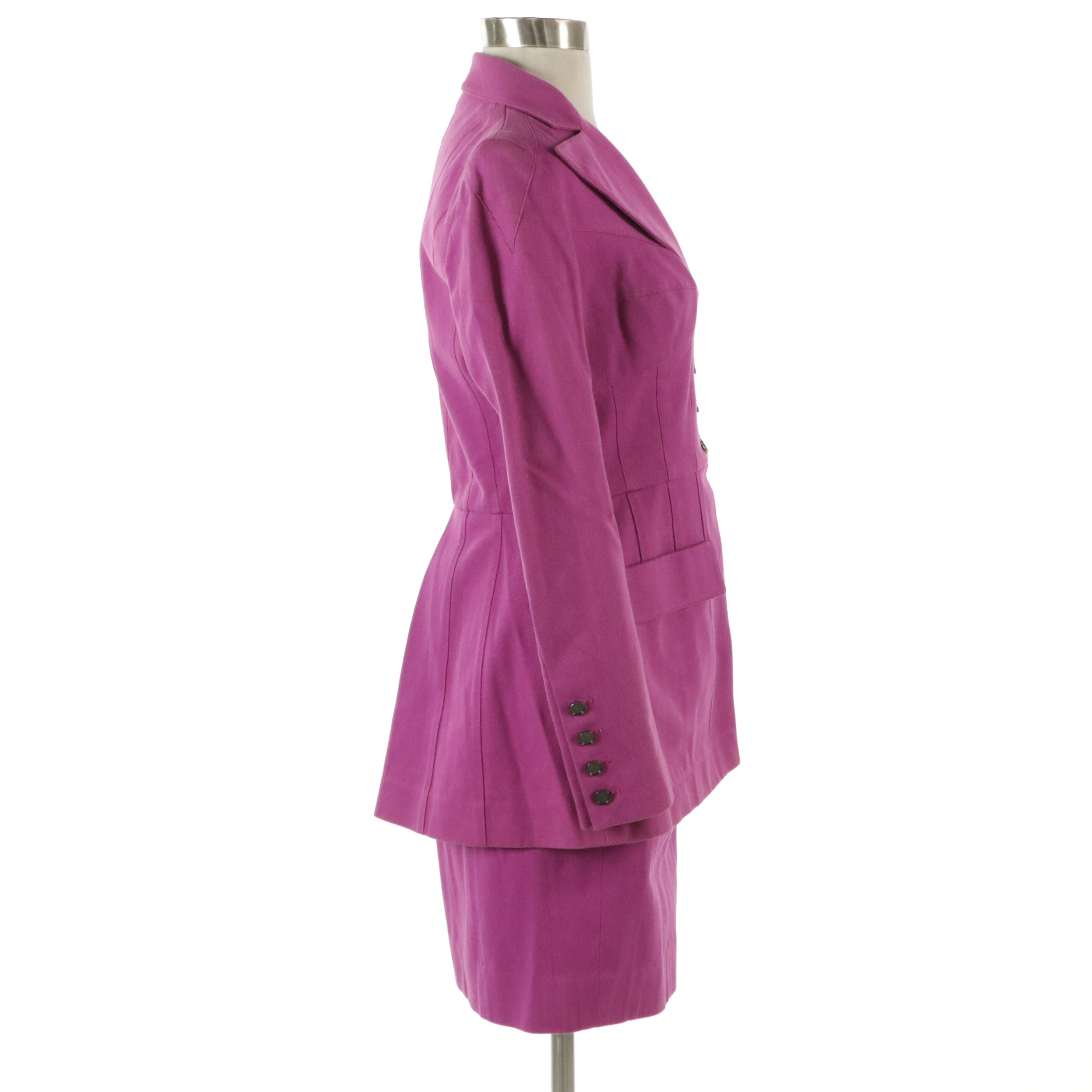 Karl Lagerfeld Tailored Magenta Denim Lapel-Collar Skirt Suit, 1990s
