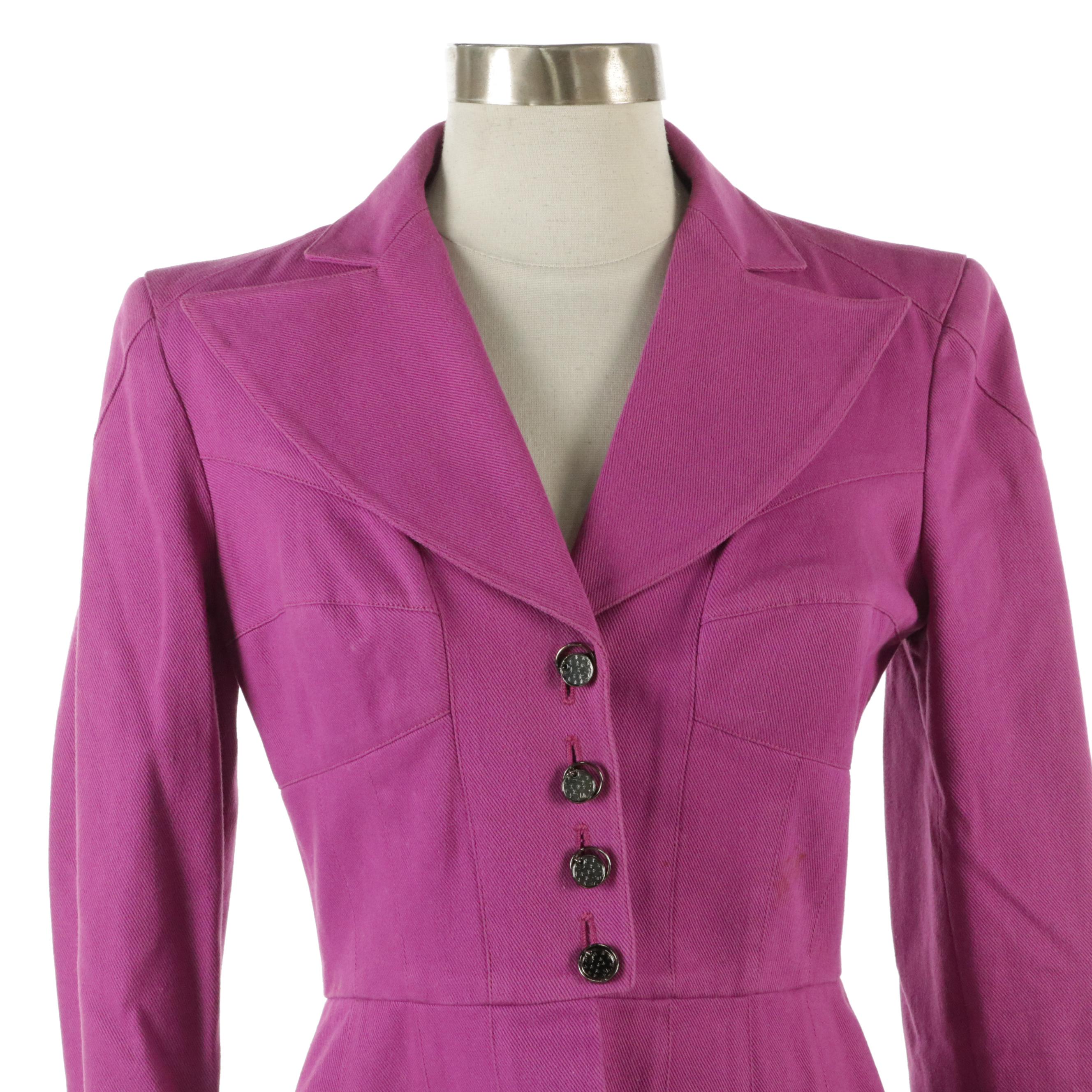 Karl Lagerfeld Tailored Magenta Denim Lapel-Collar Skirt Suit, 1990s