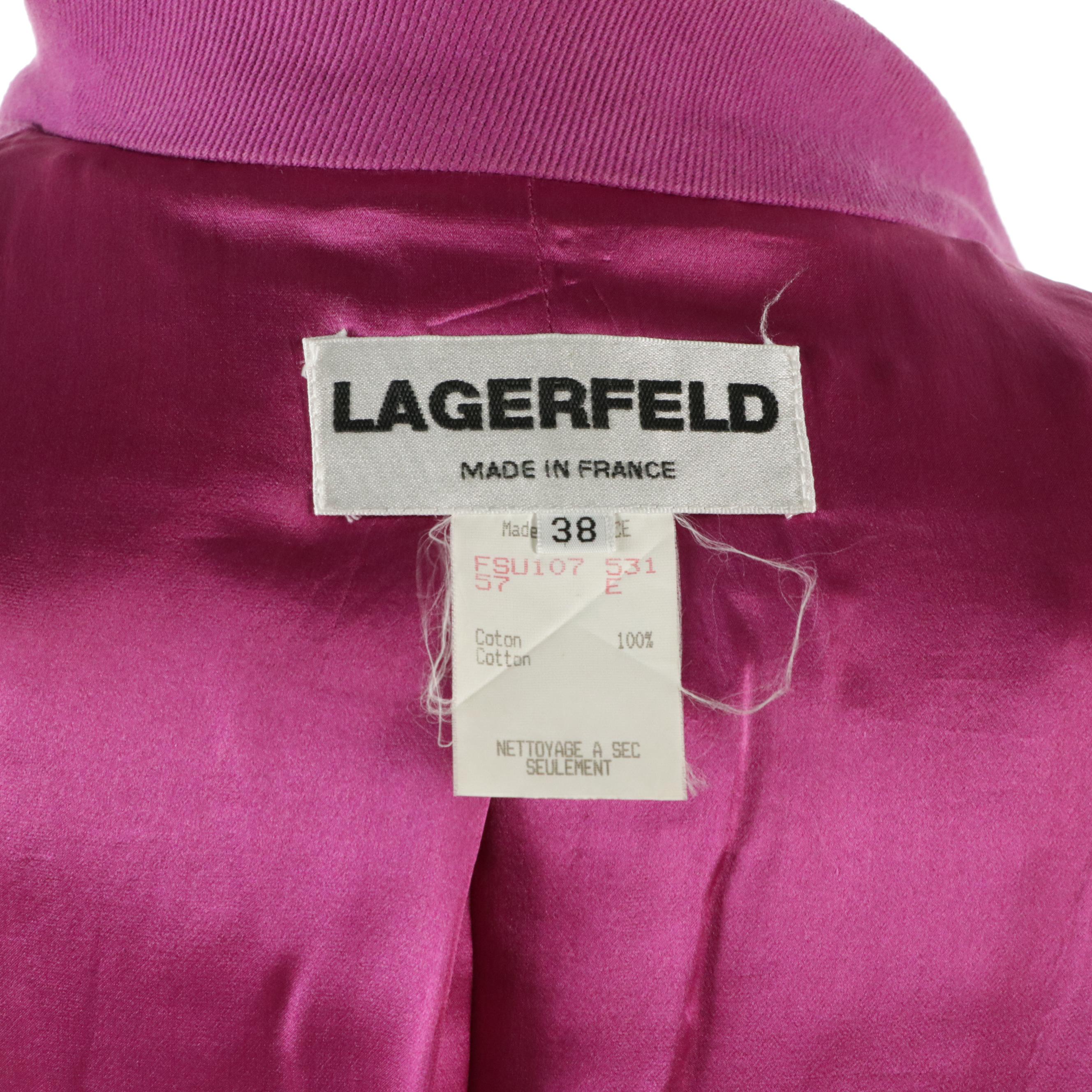 Karl Lagerfeld Tailored Magenta Denim Lapel-Collar Skirt Suit, 1990s