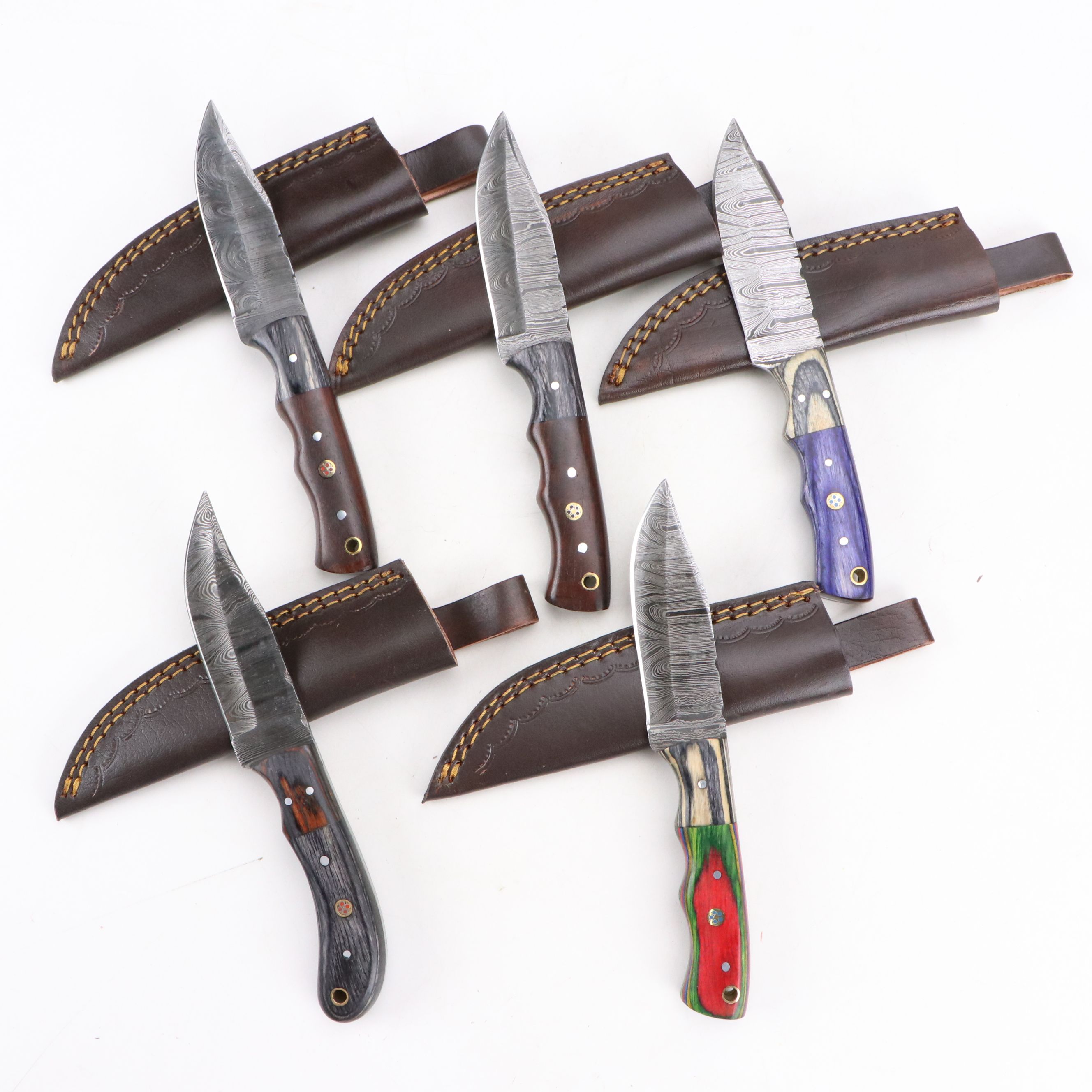 Damascus Steel Fixed Blade Knives with Leather Covers